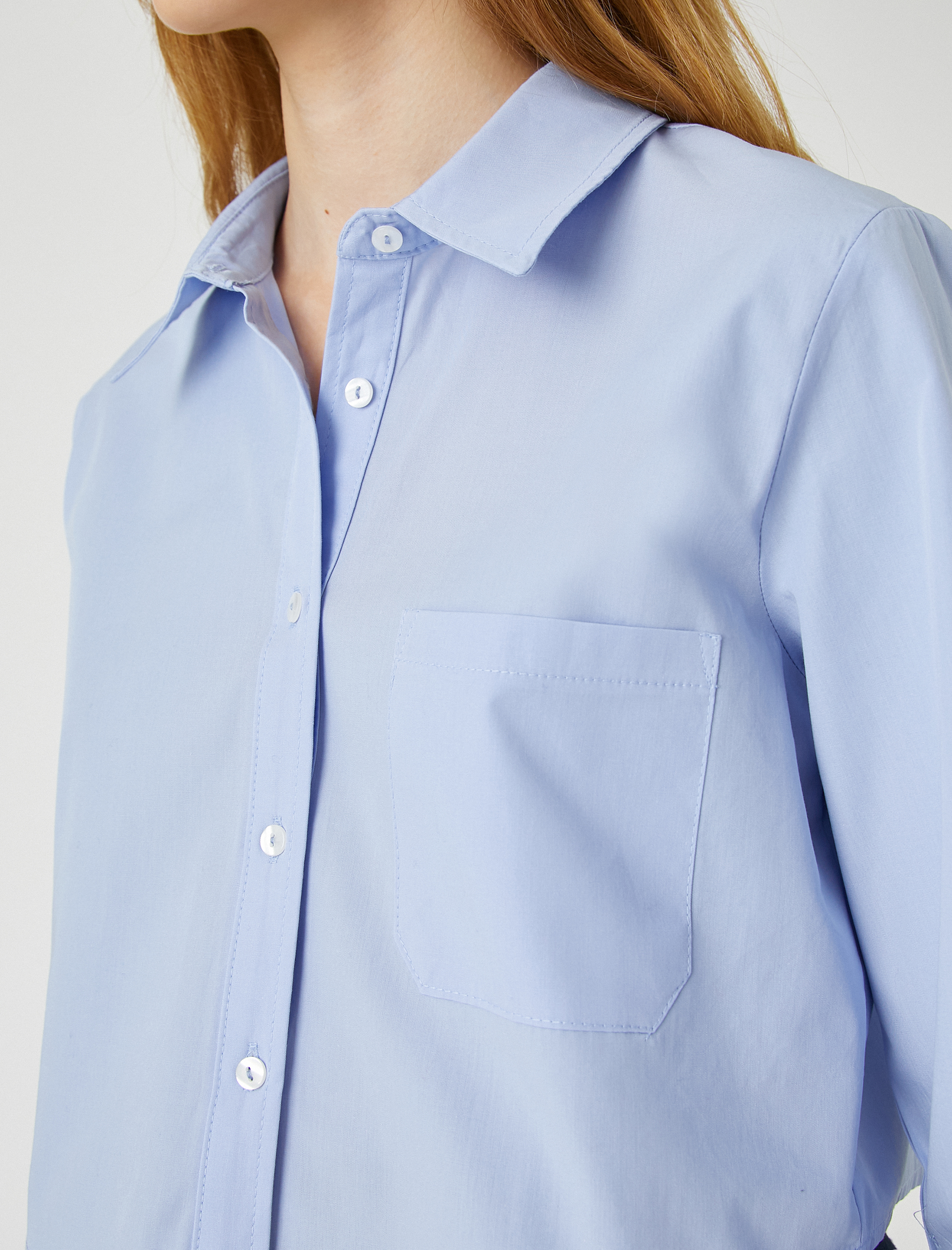   Crop Poplin Gömlek Pamuklu Uzun Kollu Manşet Yaka Cep Detaylı