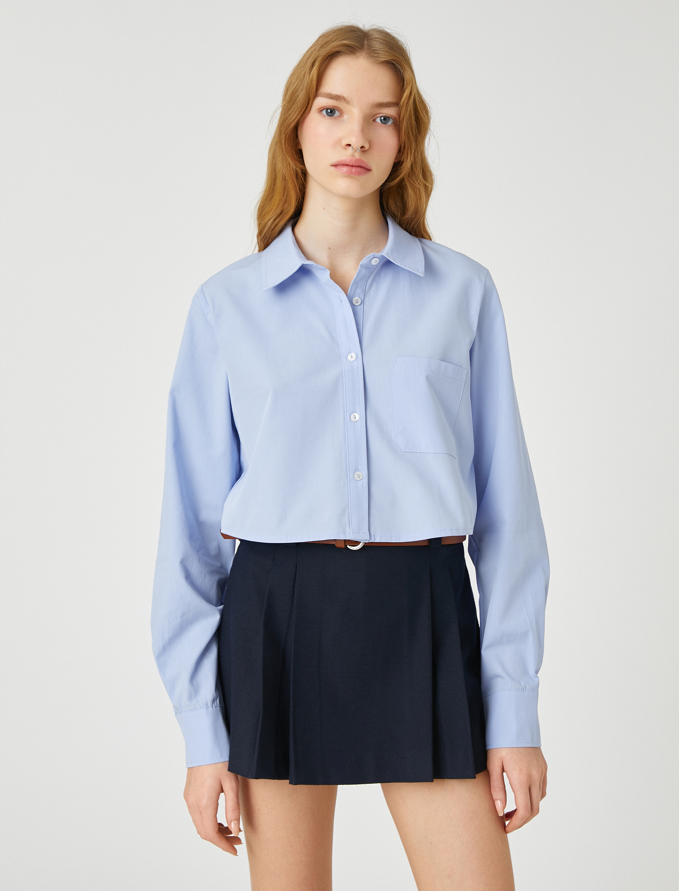   Crop Poplin Gömlek Pamuklu Uzun Kollu Manşet Yaka Cep Detaylı