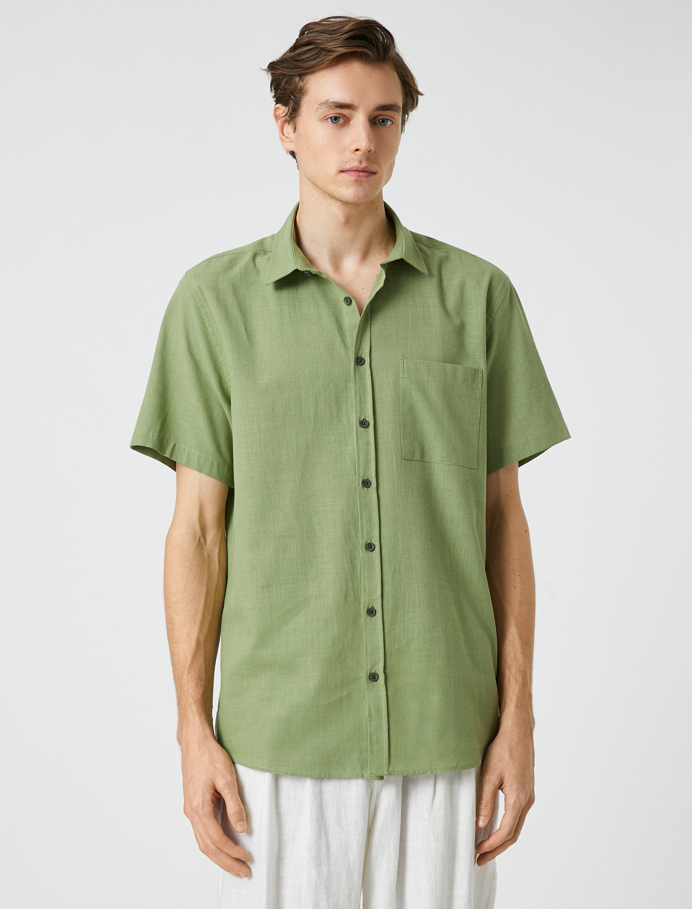   Yazlık Gömlek Kısa Kollu Cep Detaylı Klasik Yaka