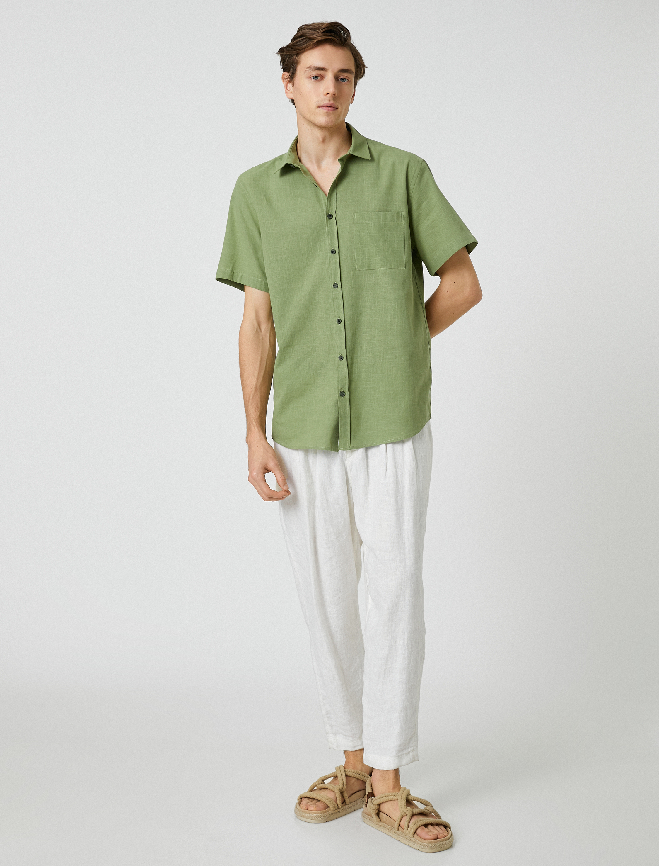   Yazlık Gömlek Kısa Kollu Cep Detaylı Klasik Yaka