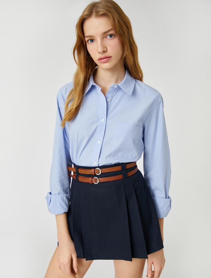  Crop Poplin Gömlek Pamuklu Uzun Kollu Manşet Yaka Cep Detaylı
