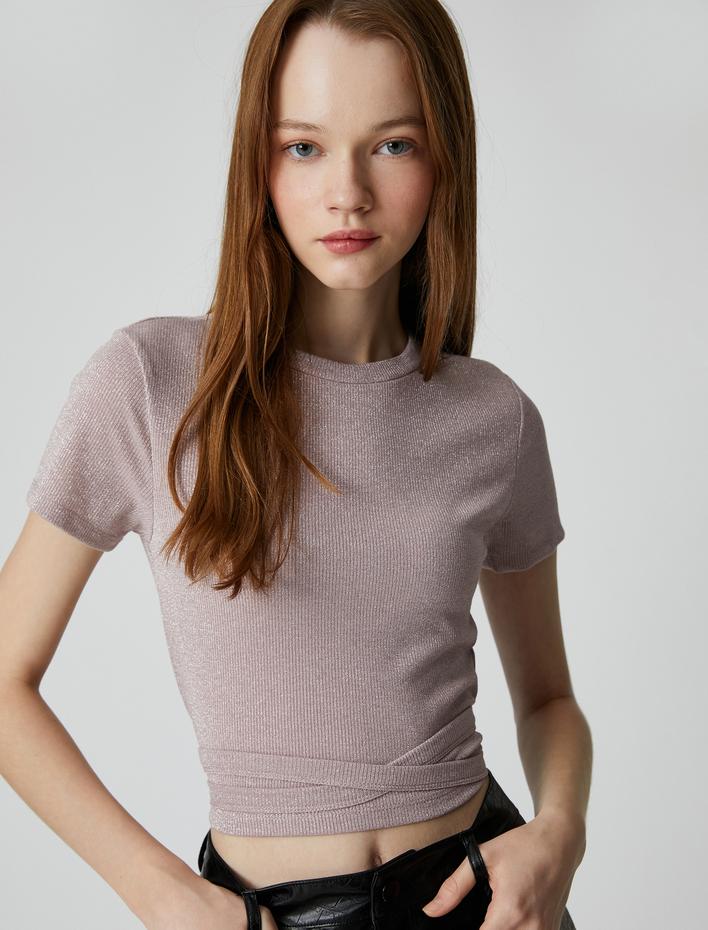  Crop Tişört Bisiklet Yaka Kısa Kollu Simli Beli Bağlamalı