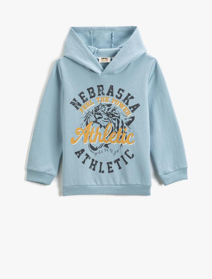 Erkek Çocuk Kolej Baskılı Kapşonlu Sweatshirt Uzun Kollu