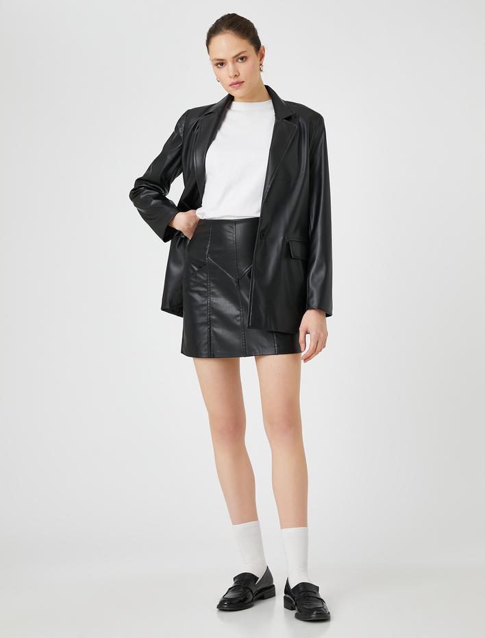  Suni Deri Mini Etek Dikiş Detaylı