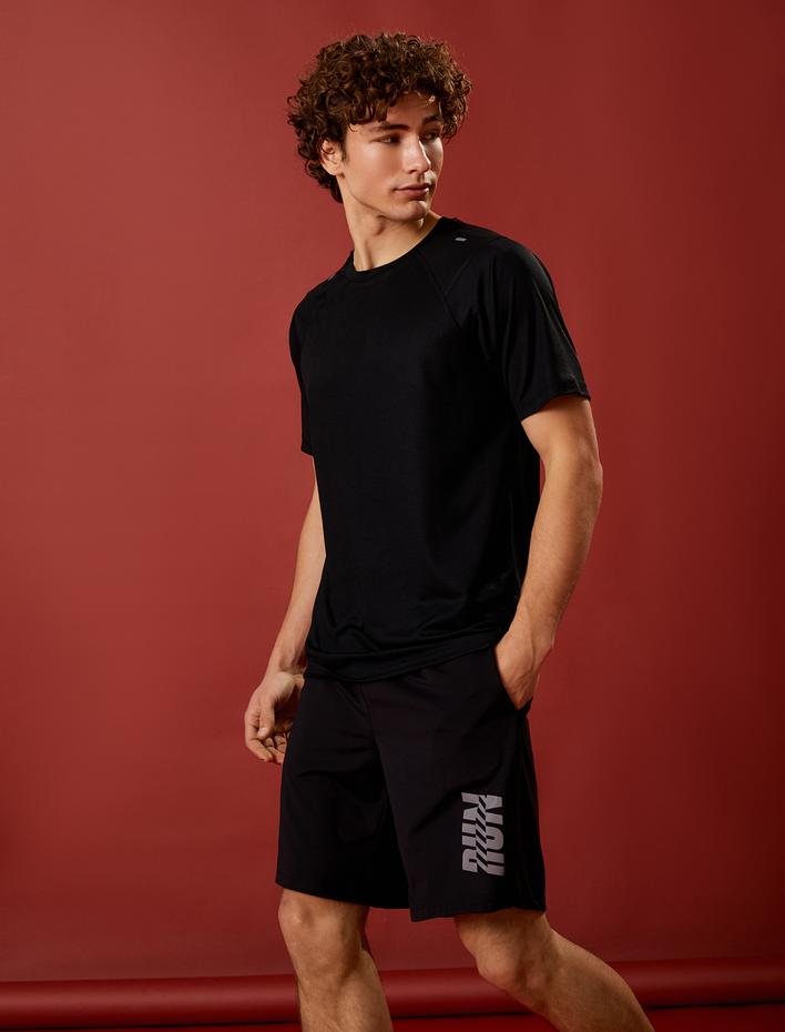  Baskılı Spor Tişört Dikiş Detaylı Bisiklet Yaka Reglan Kol