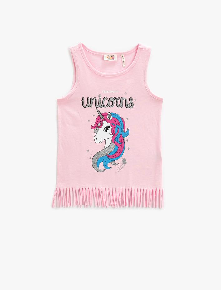 Kız Çocuk Atlet Bisiklet Yaka Unicorn Baskılı Püsküllü