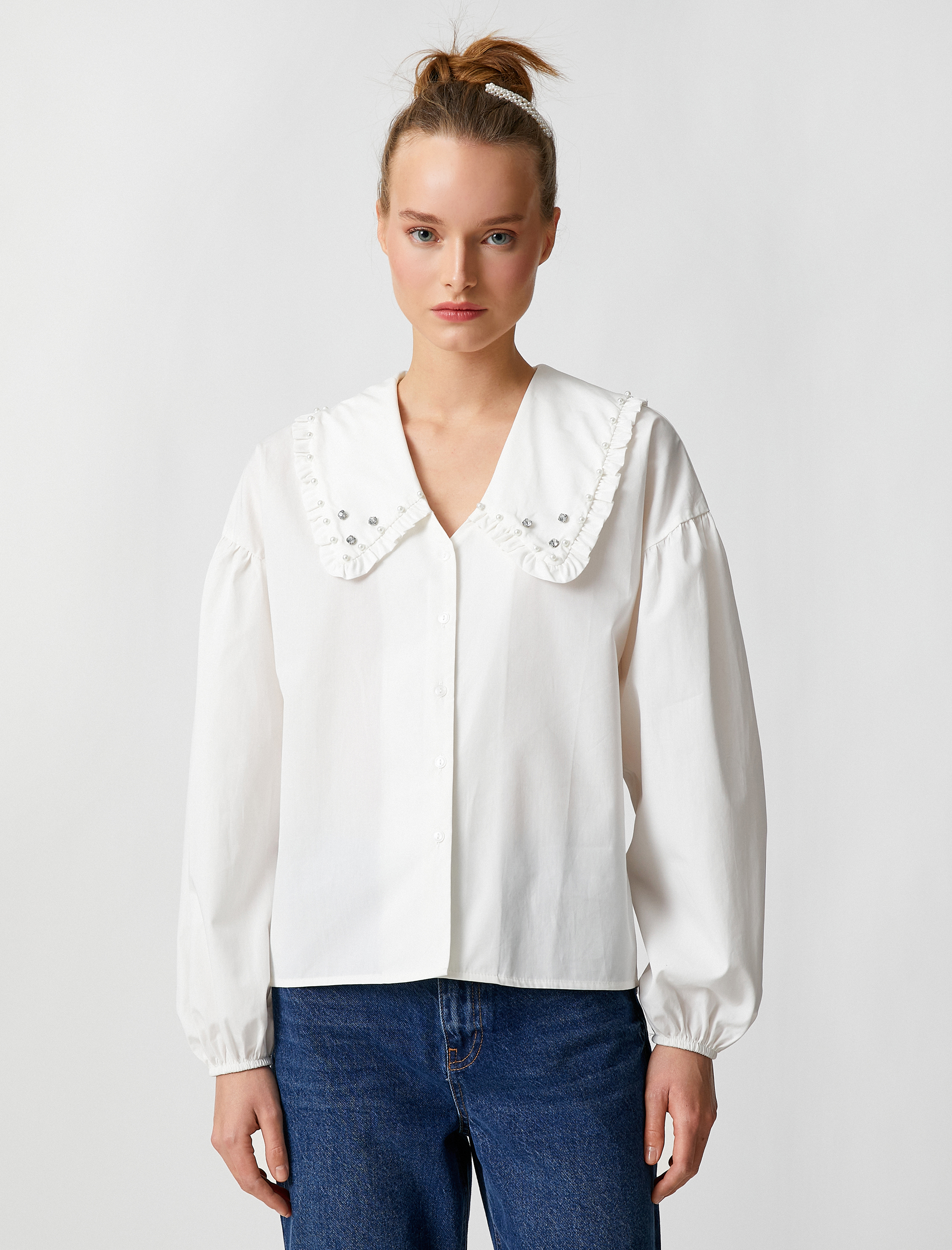   Pamuklu Poplin Gömlek Bebe Yaka Balon Kollu Taş Detaylı Düğmeli