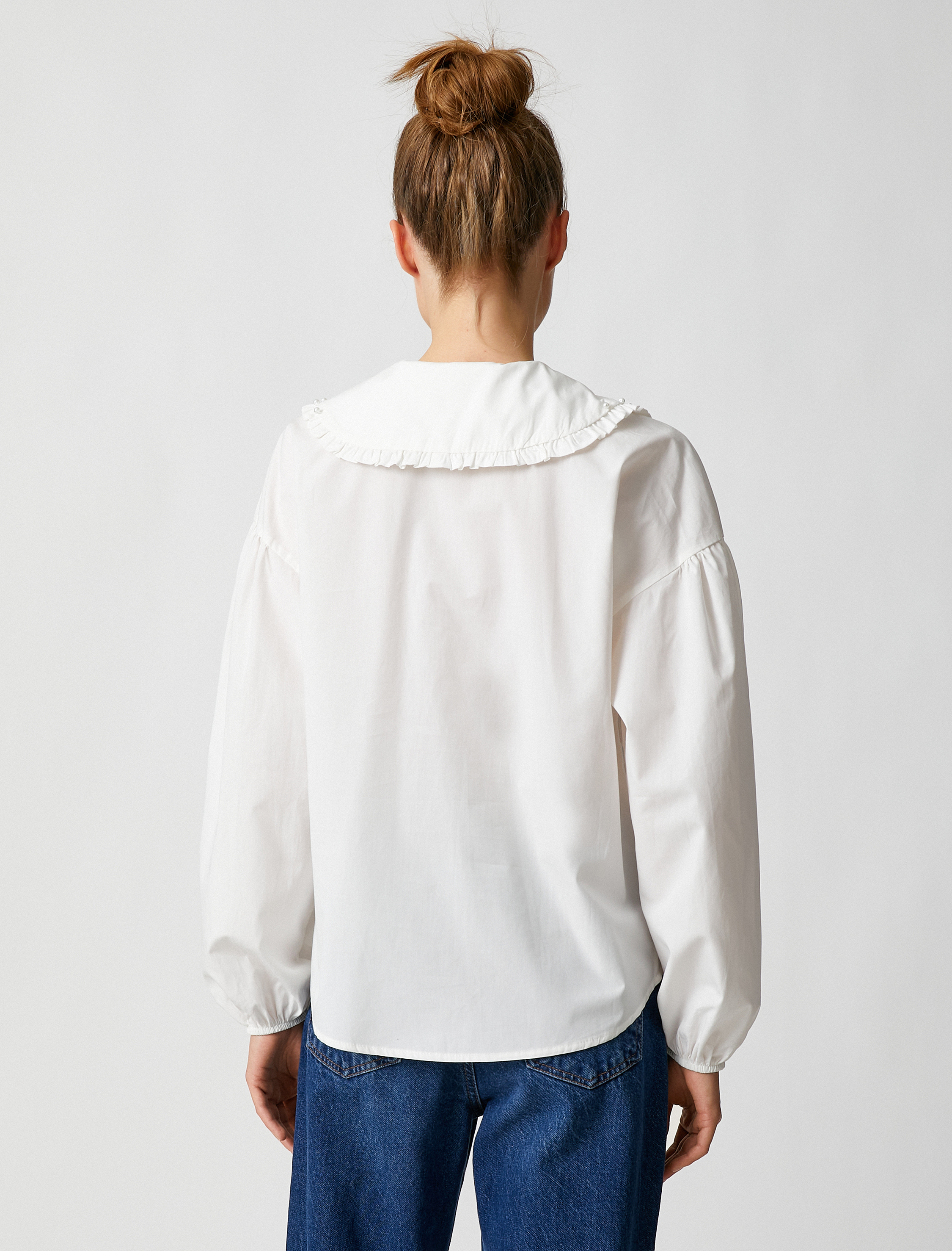   Pamuklu Poplin Gömlek Bebe Yaka Balon Kollu Taş Detaylı Düğmeli