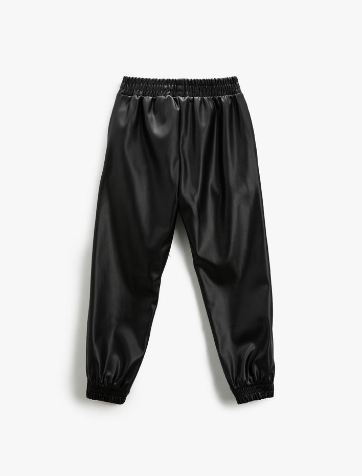 Kız Çocuk Deri Görünümlü Jogger Pantolon Beli Lastikli Cepli