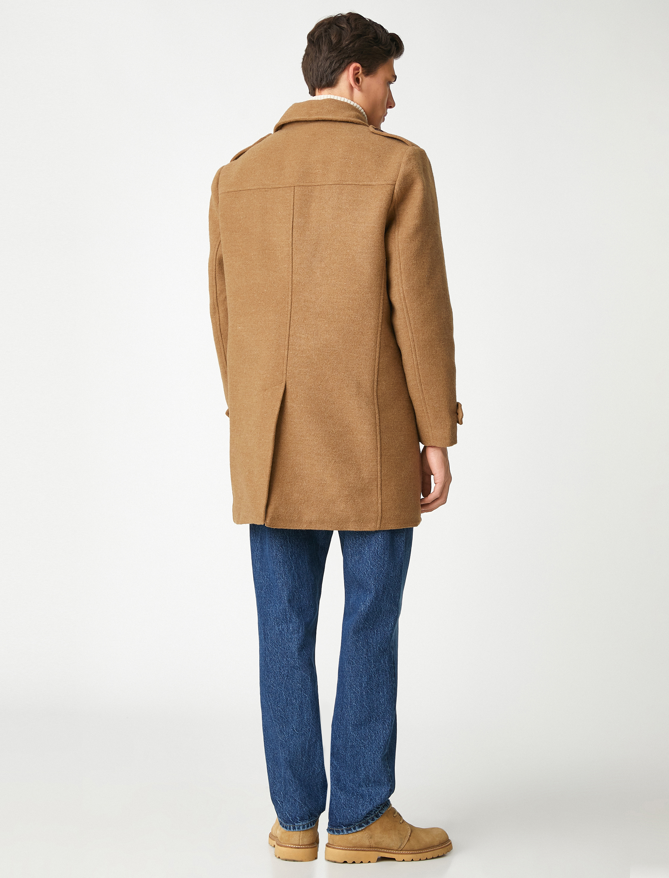   Uzun Kaşe Kaban Düğme Detaylı Cepli Klasik Yaka