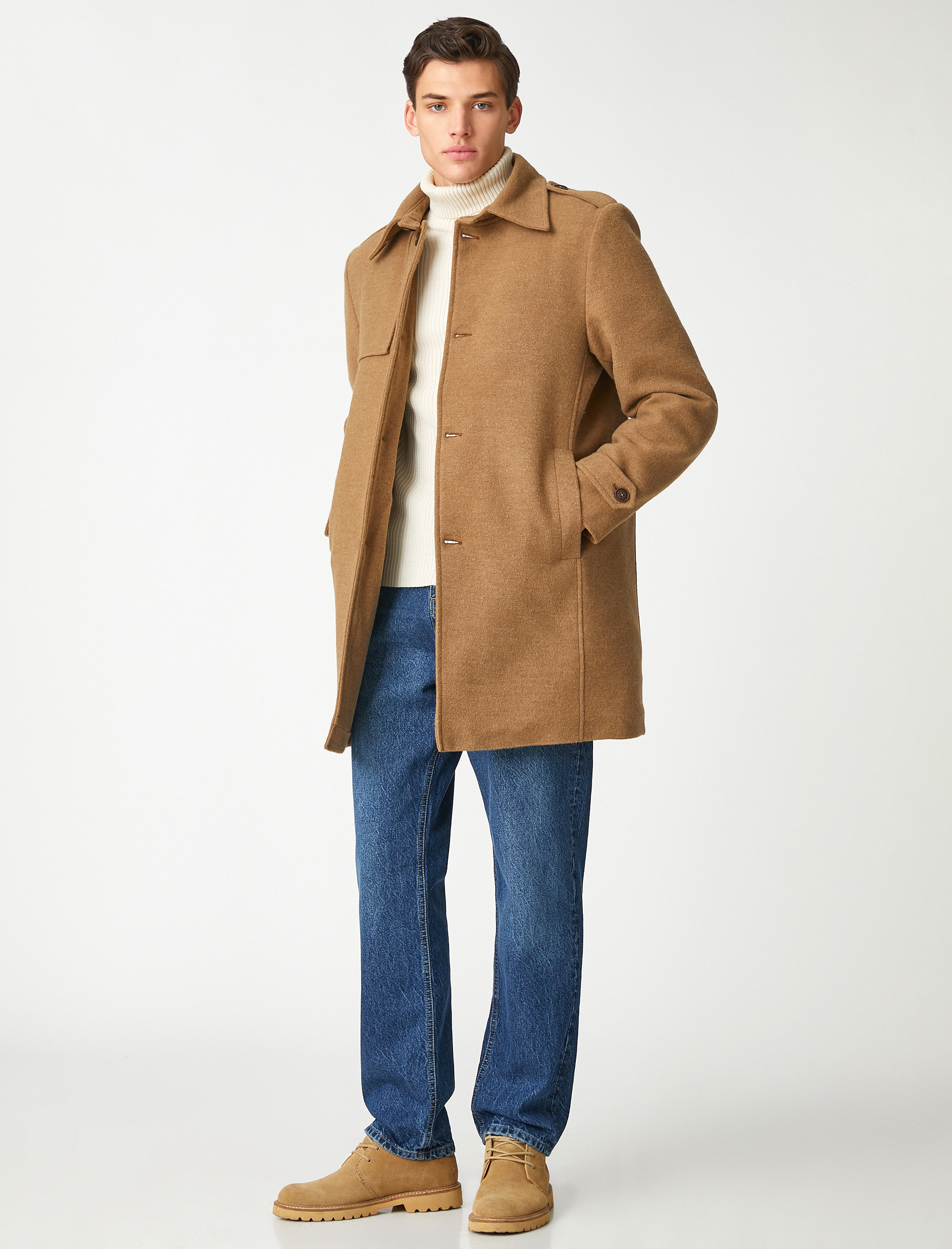   Uzun Kaşe Kaban Düğme Detaylı Cepli Klasik Yaka