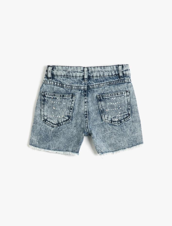 Kız Çocuk Kot Şort Boncuk İşlemeli Cepli Pamuklu Beli Ayarlanabilir Lastikli