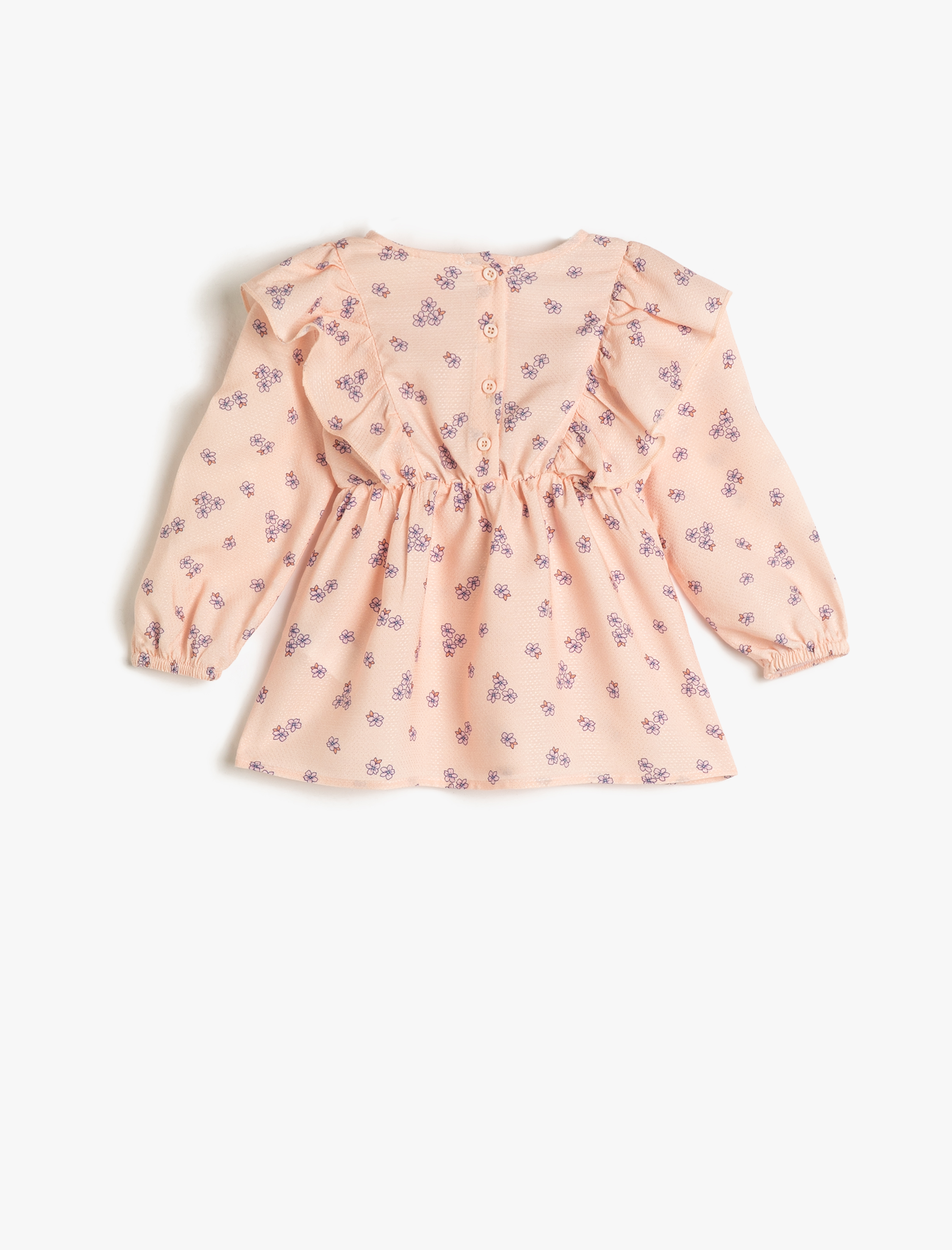  Kız Bebek Bluz Çiçekli Fırfırlı Uzun Kollu Yuvarlak Yaka Arkadan Düğmeli