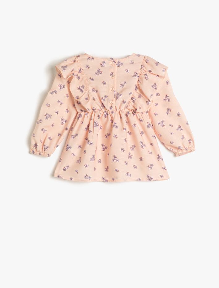 Kız Bebek Bluz Çiçekli Fırfırlı Uzun Kollu Yuvarlak Yaka Arkadan Düğmeli