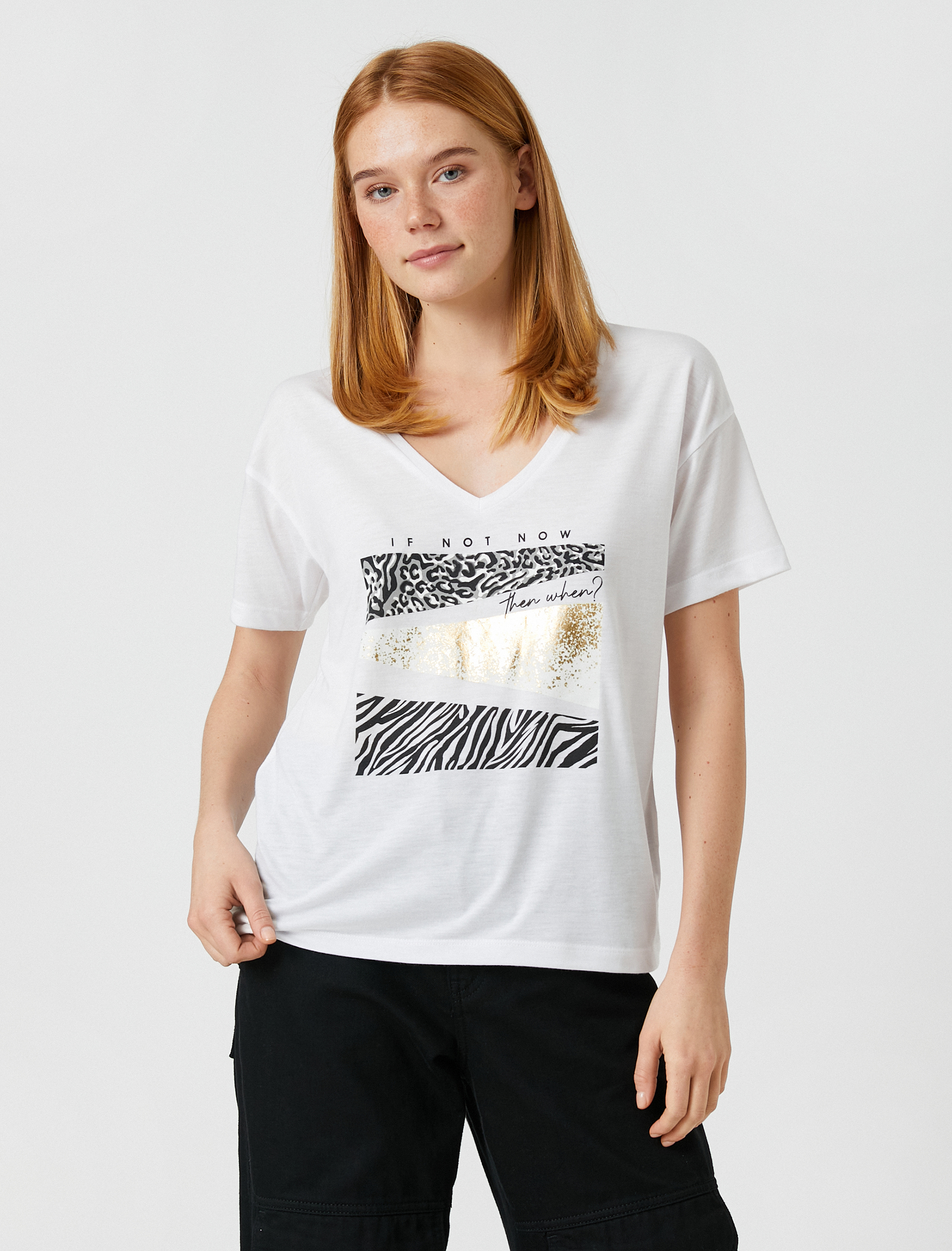   Animal Baskılı Tişört V Yaka