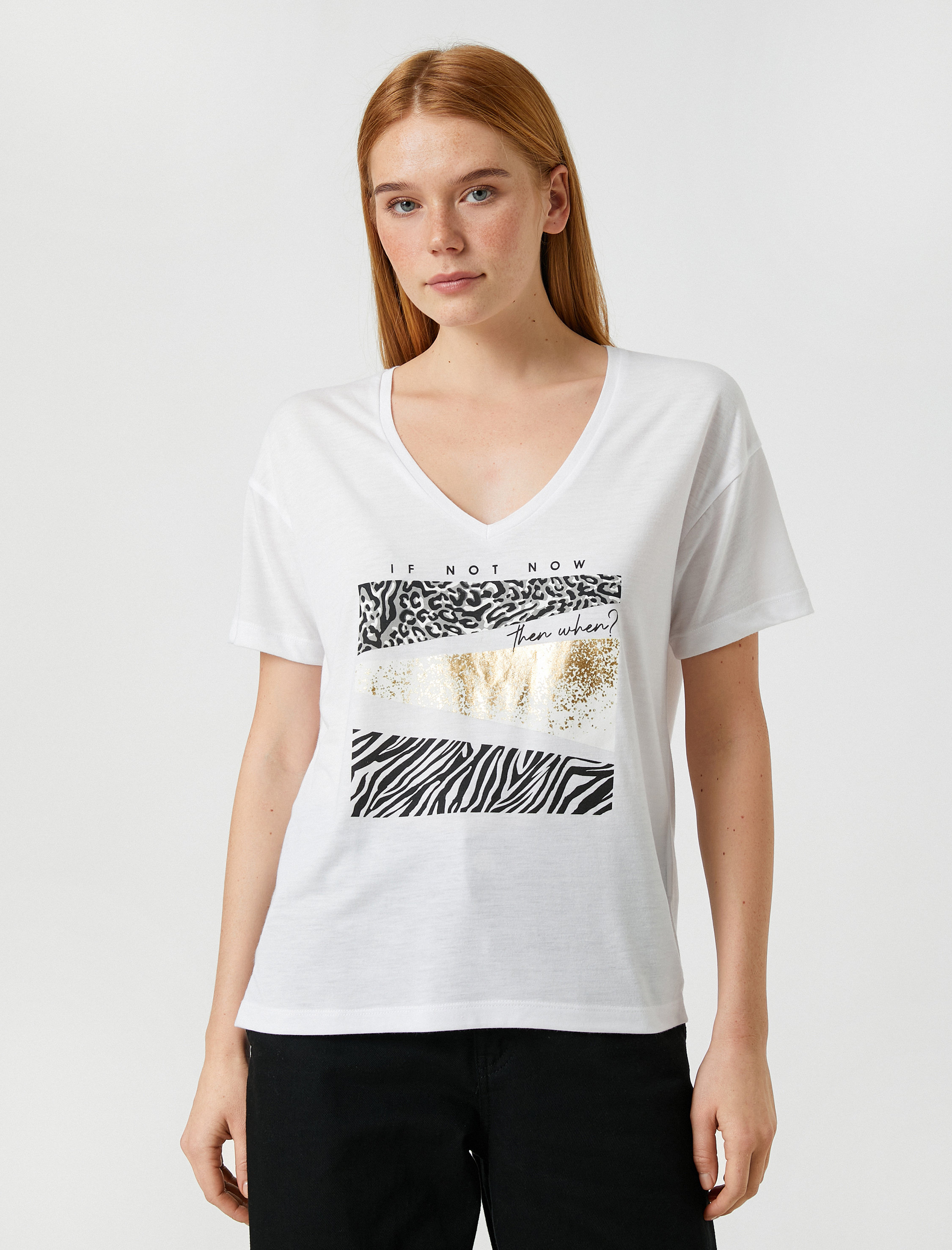   Animal Baskılı Tişört V Yaka