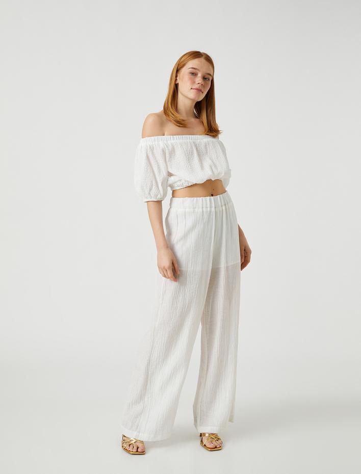  Crop Bluz Omzu Açık Balon Kollu