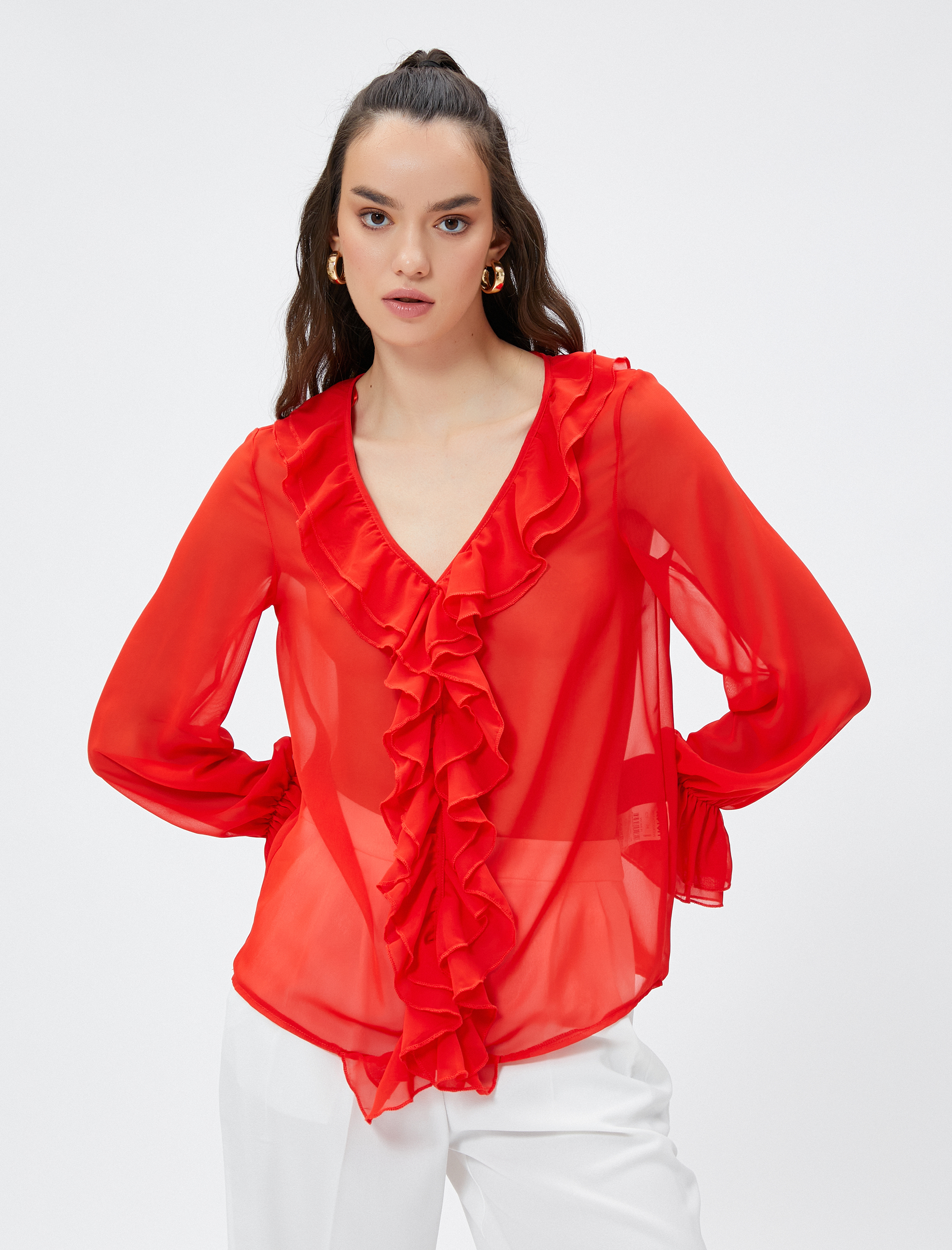   Volanlı Şifon Bluz Uzun Kollu