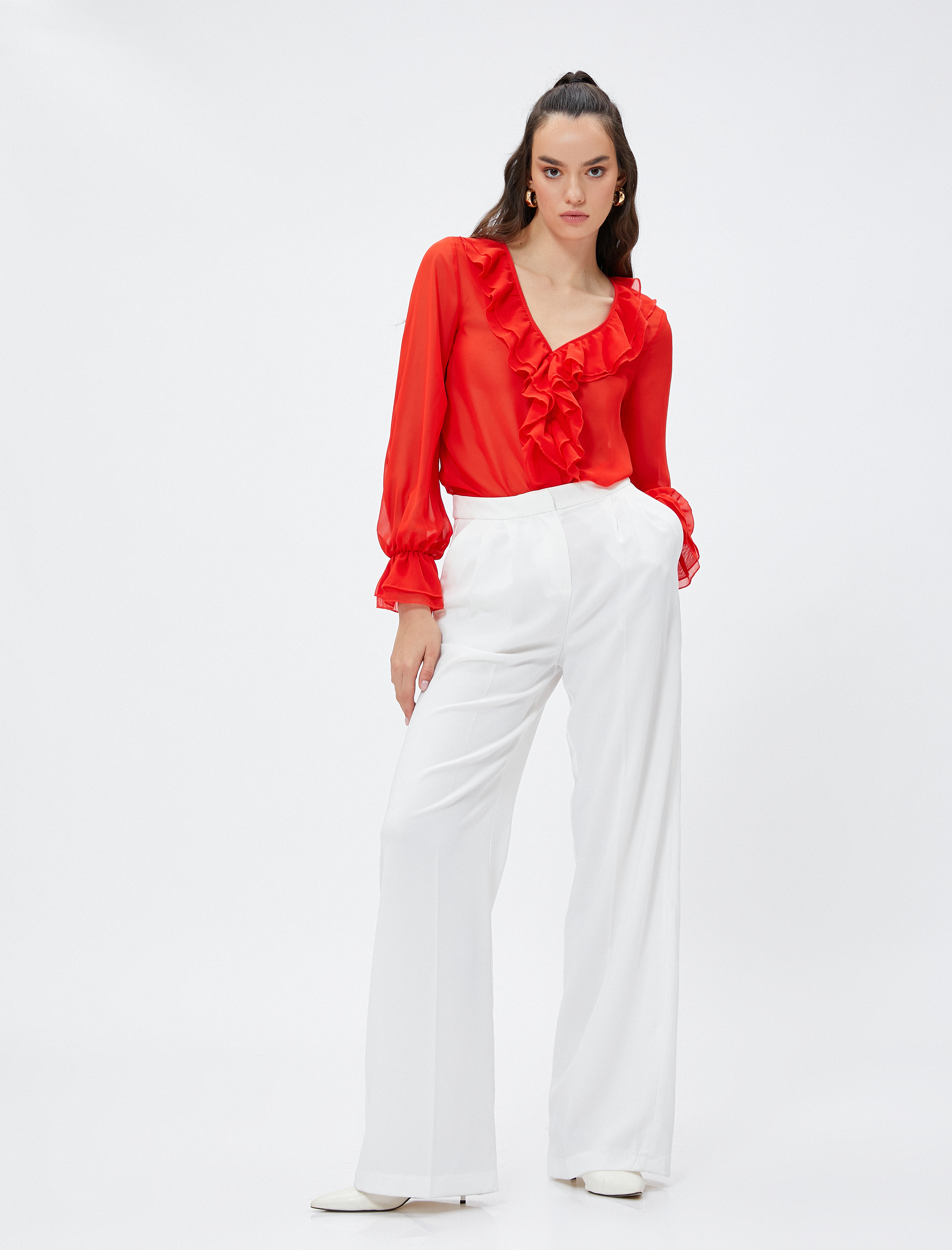   Volanlı Şifon Bluz Uzun Kollu