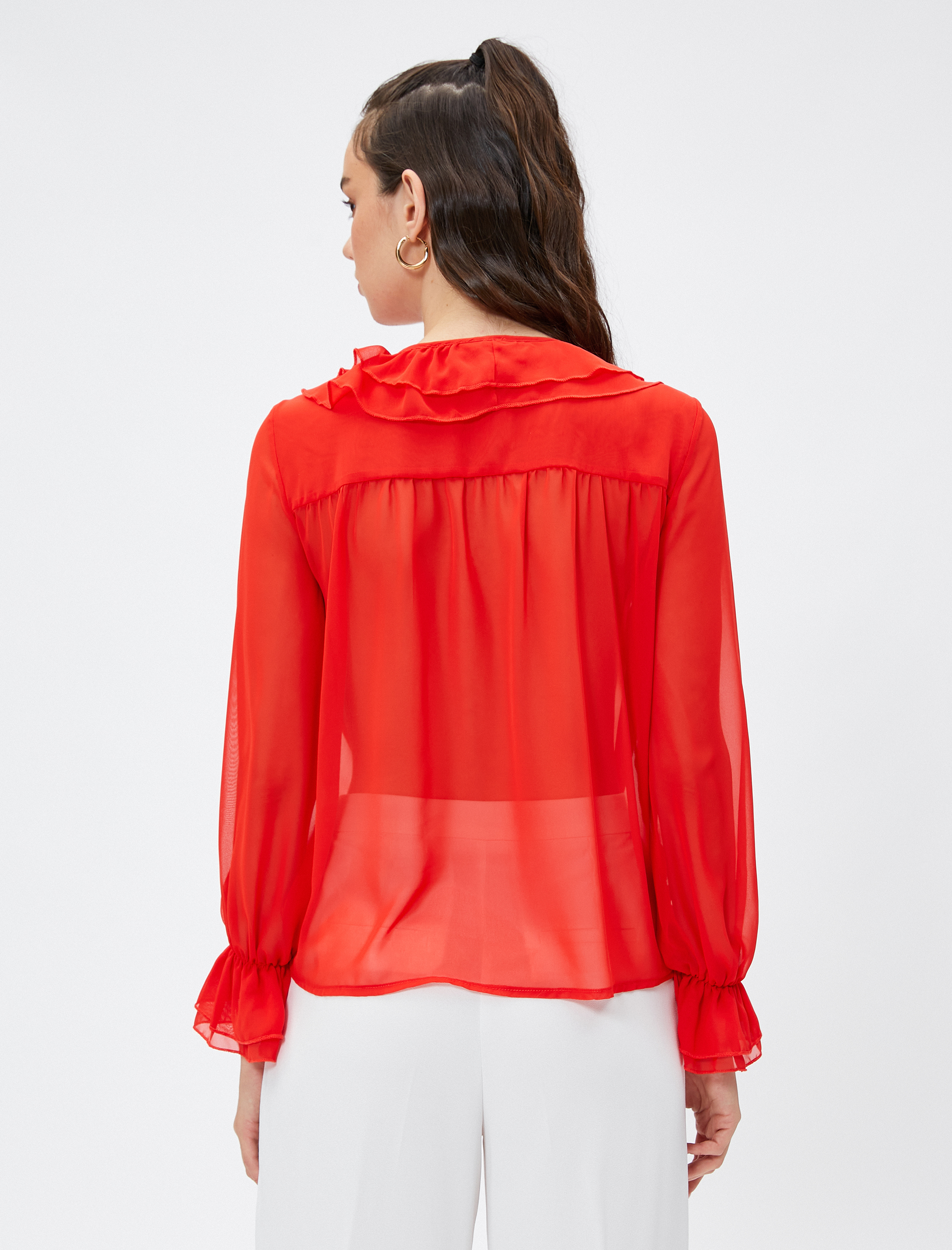   Volanlı Şifon Bluz Uzun Kollu