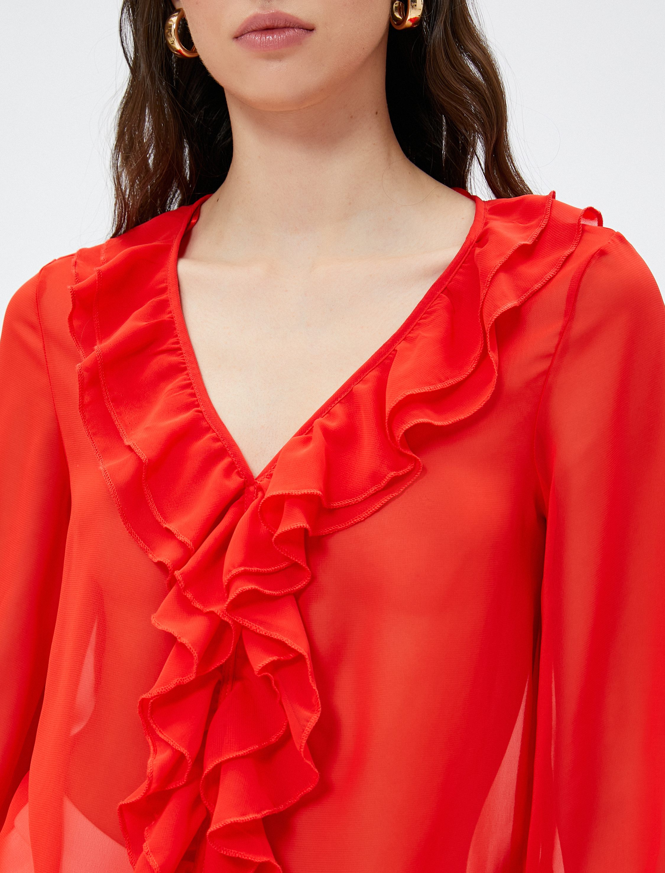   Volanlı Şifon Bluz Uzun Kollu