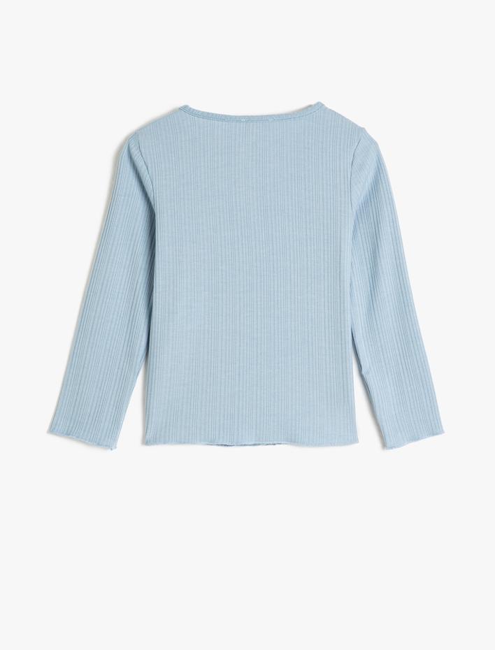 Kız Çocuk Tişört Uzun Kollu Düğmeli Yuvarlak Yaka