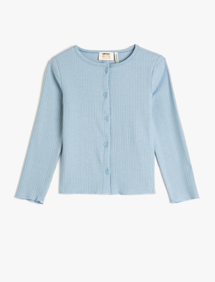 Kız Çocuk Tişört Uzun Kollu Düğmeli Yuvarlak Yaka