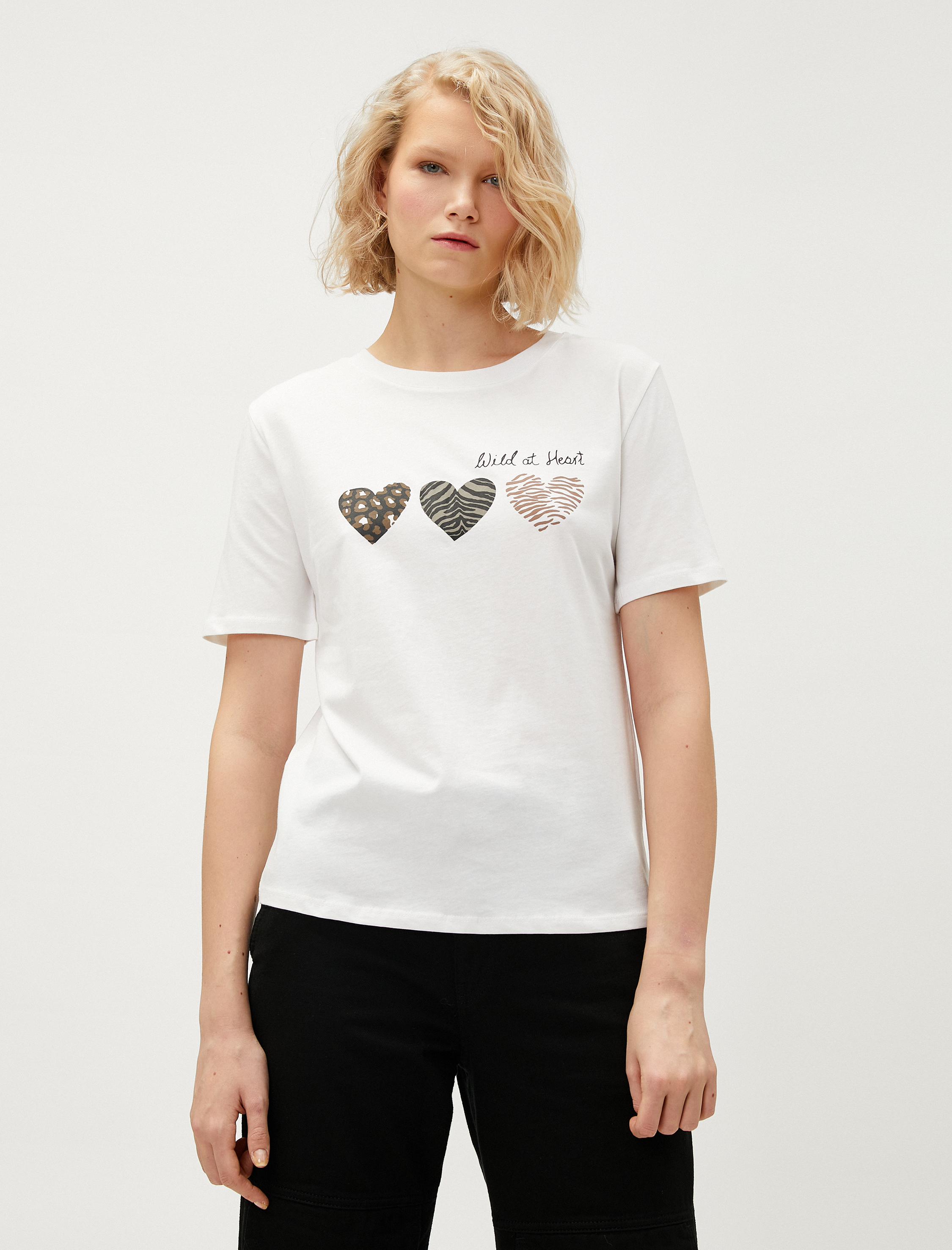   Kalp Baskılı Tişört Kısa Kollu Pamuklu