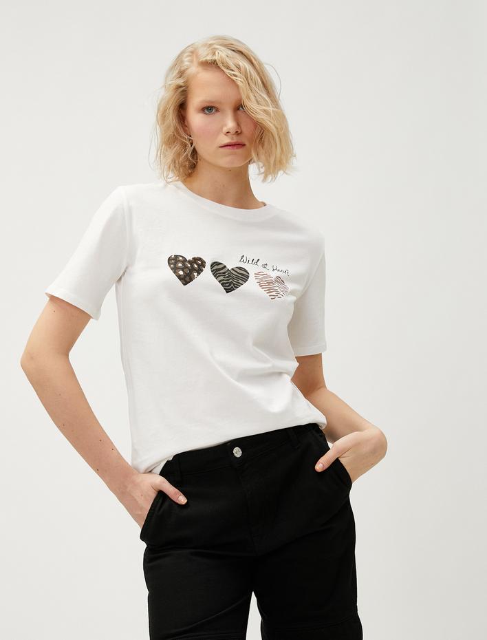  Kalp Baskılı Tişört Kısa Kollu Pamuklu