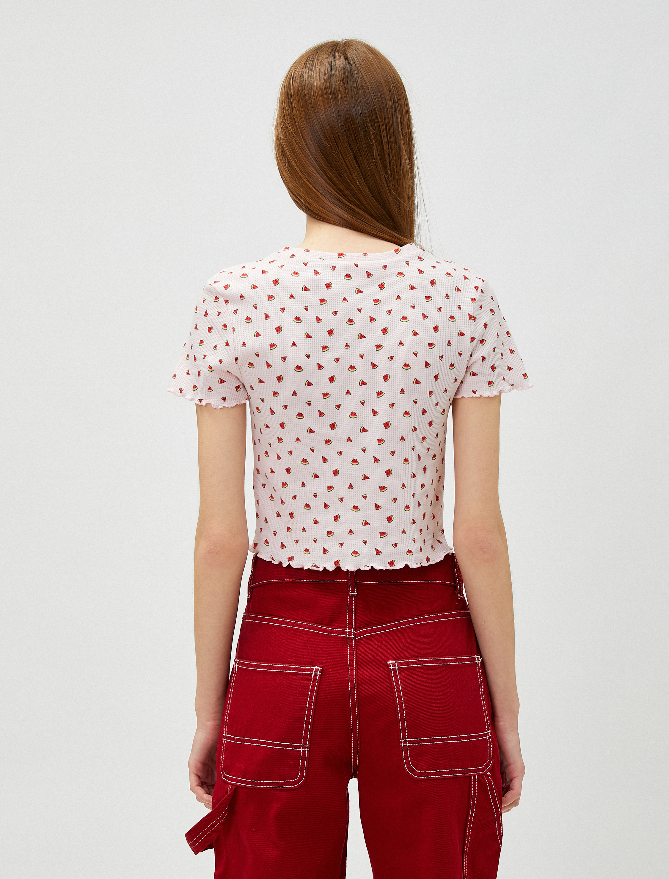   Crop Tişört Karpuz Baskılı Bisiklet Yaka Kısa Kollu