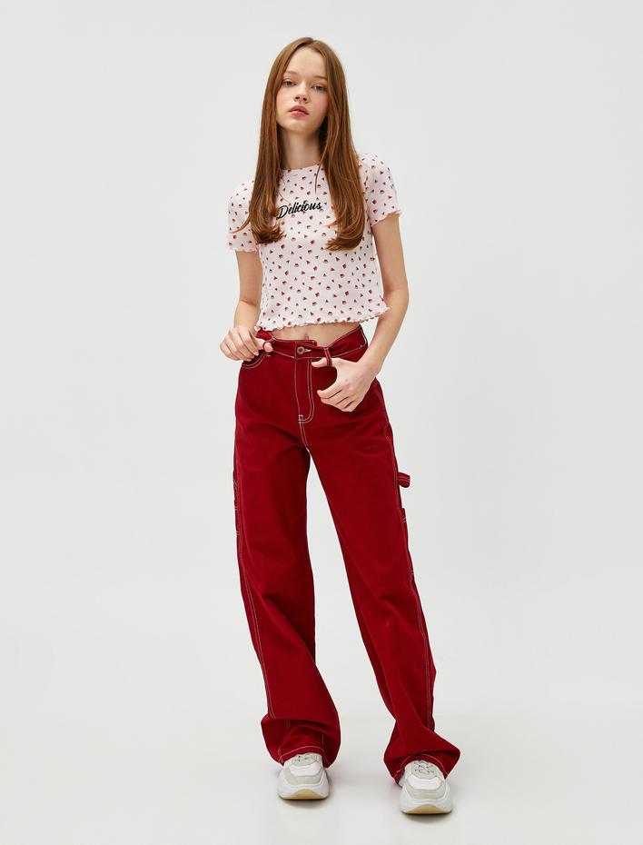  Crop Tişört Karpuz Baskılı Bisiklet Yaka Kısa Kollu