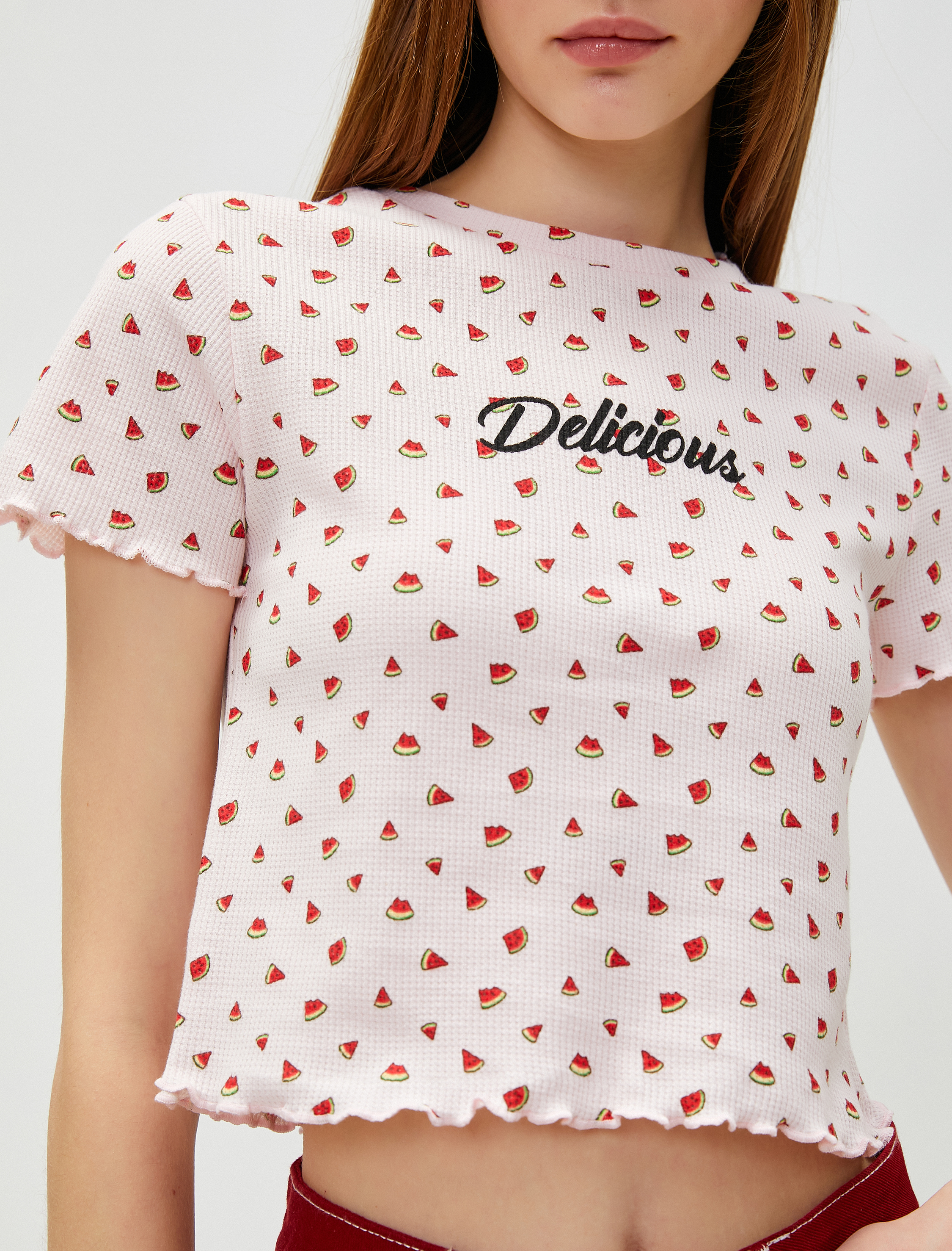   Crop Tişört Karpuz Baskılı Bisiklet Yaka Kısa Kollu