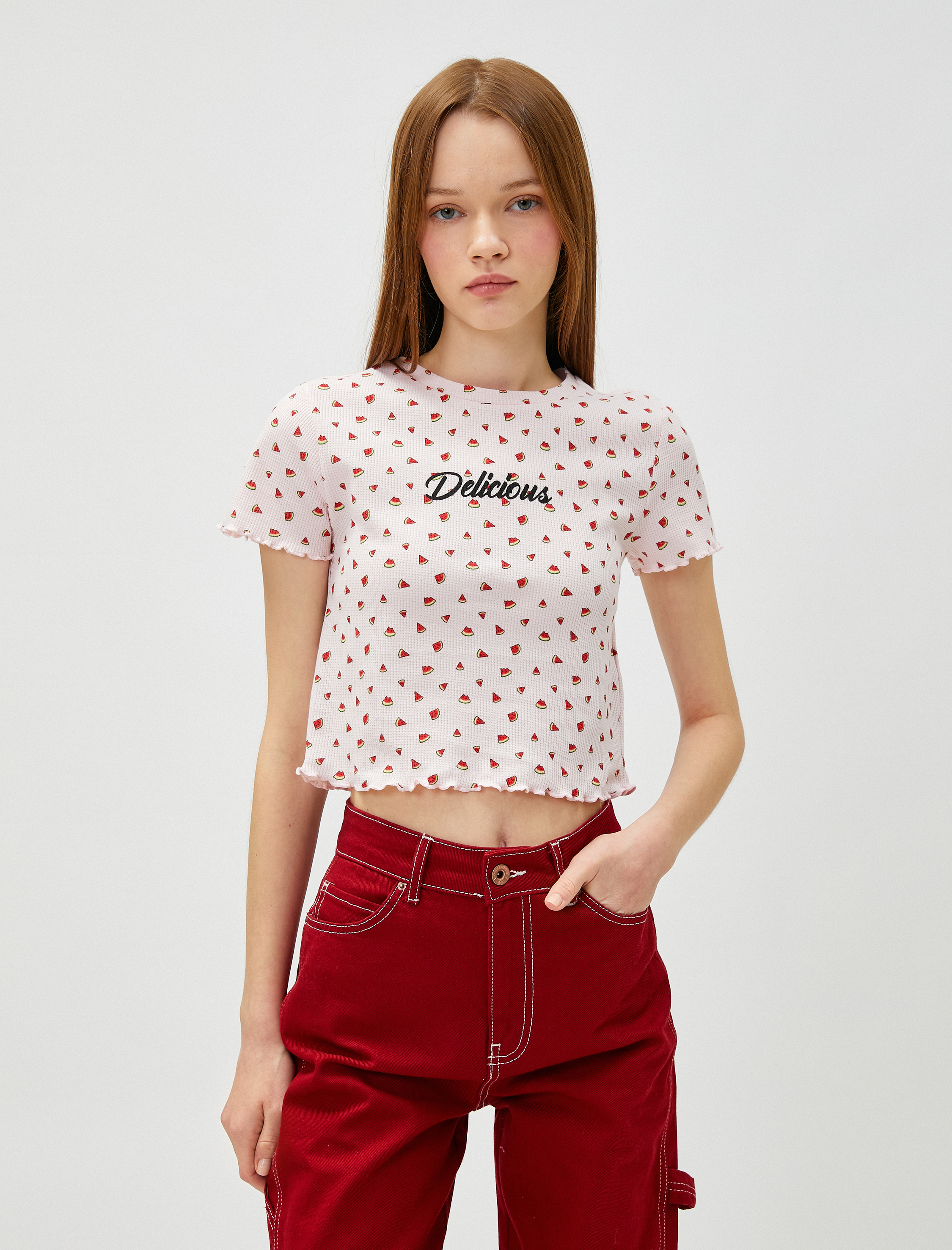   Crop Tişört Karpuz Baskılı Bisiklet Yaka Kısa Kollu