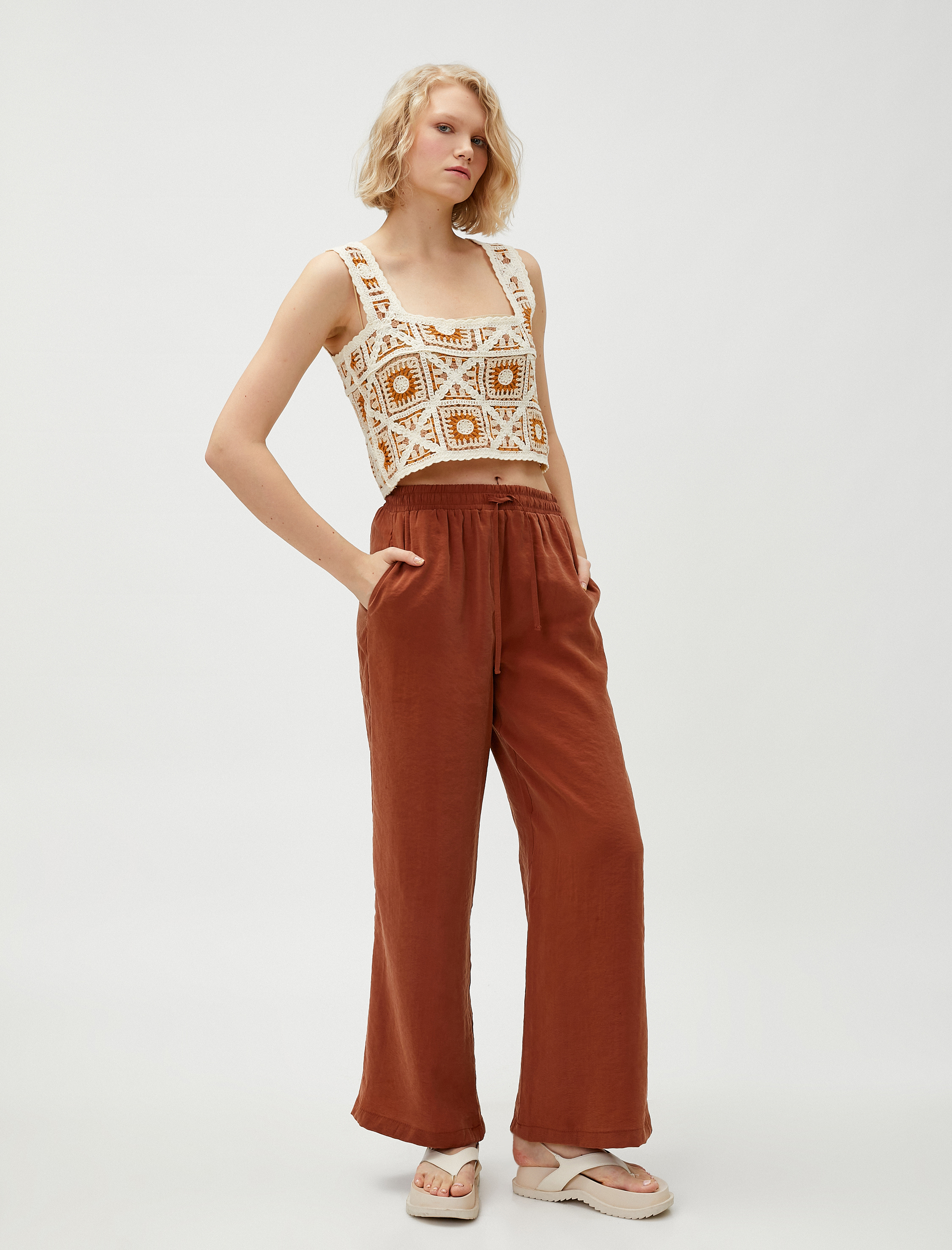   Modal Rahat Pantolon Beli Bağlamalı Cepli