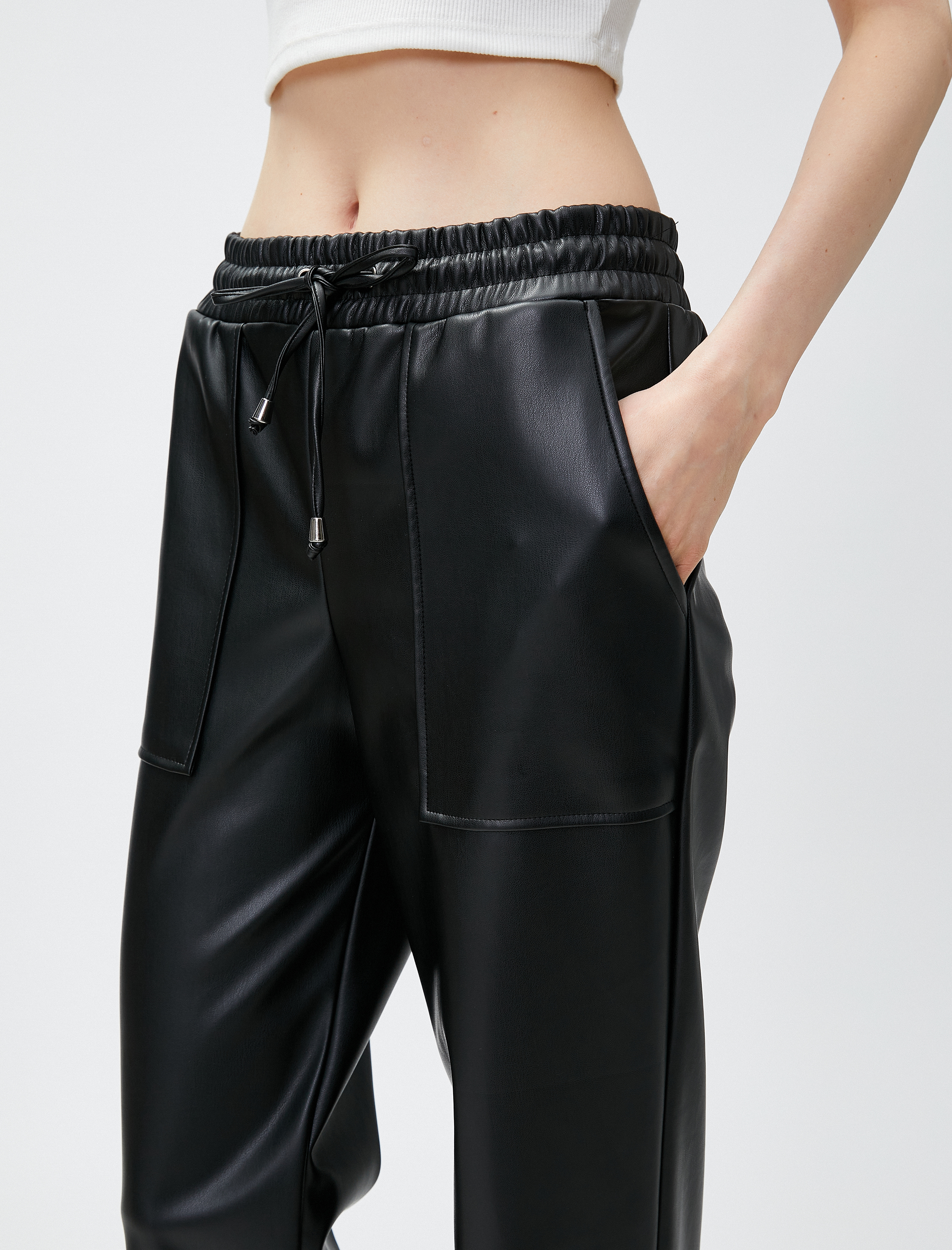   Suni Deri Pantolon Beli Bağlamalı Cepli