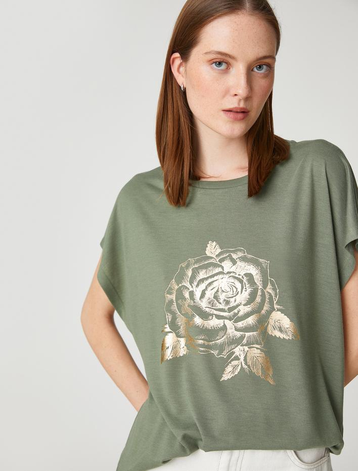  Parlak Baskılı Tişört Bisiklet Yaka