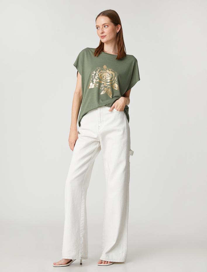  Parlak Baskılı Tişört Bisiklet Yaka