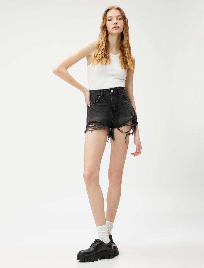  Yırtık Kot Şort Cep Detaylı Yüksek Bel