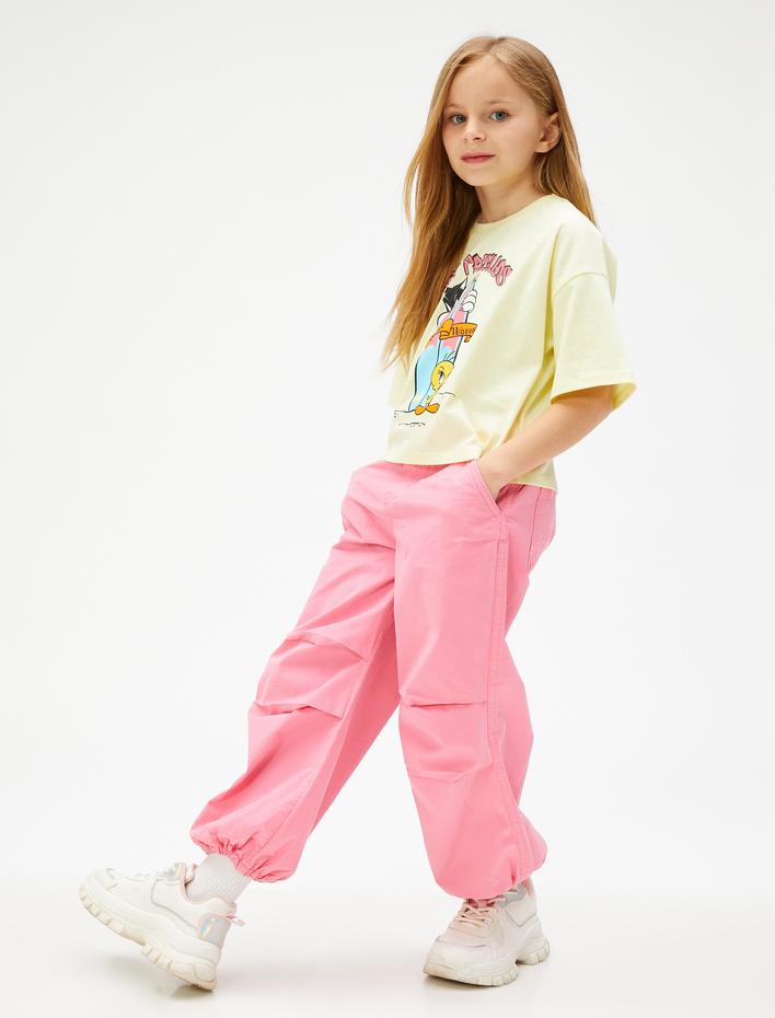 Kız Çocuk Paraşüt Pantolon Cepli Paçaları Elastik Pamuklu