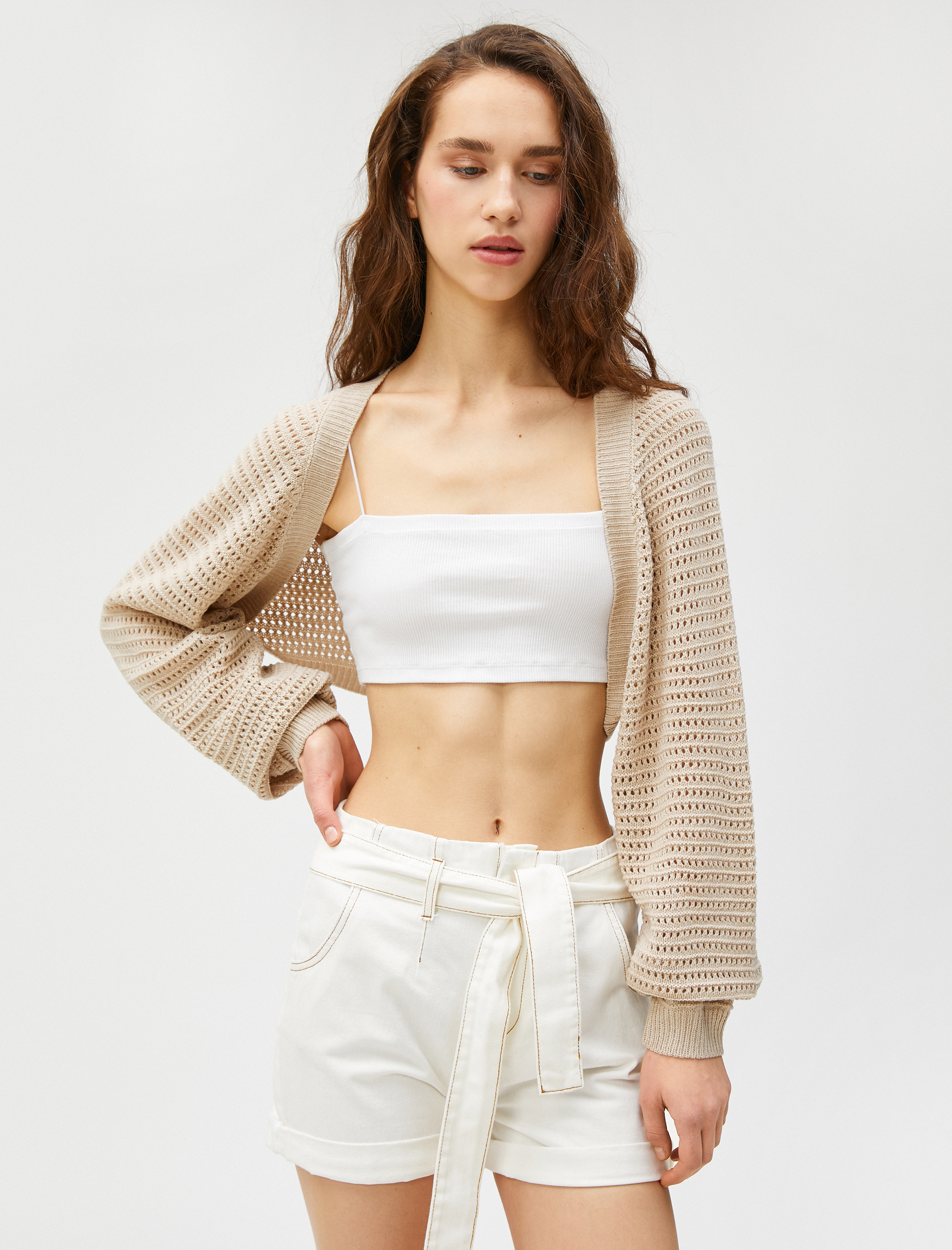   Crop Hırka Uzun Kollu Ajurlu