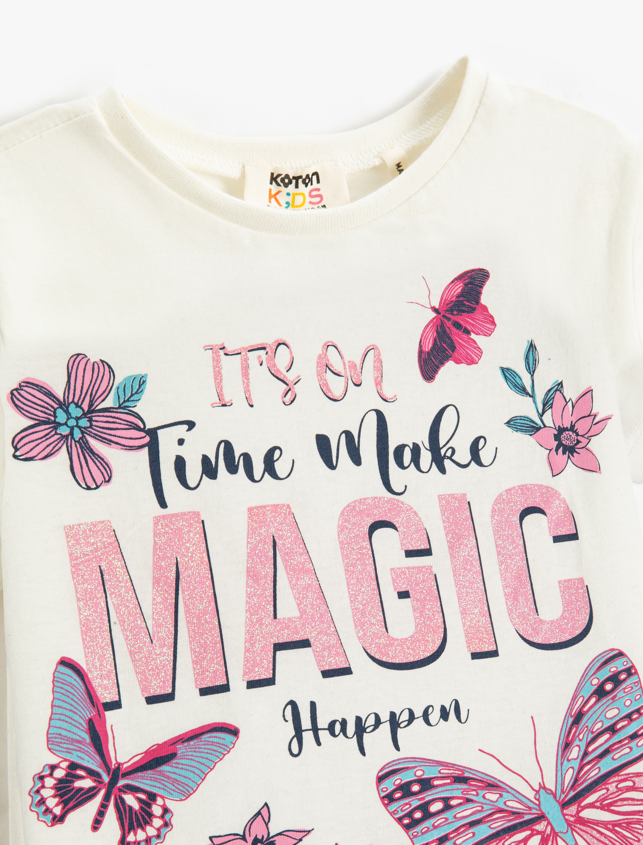  Kız Çocuk Tişört Bisiklet Yaka Kısa Kollu Kelebek Baskılı Pamuklu