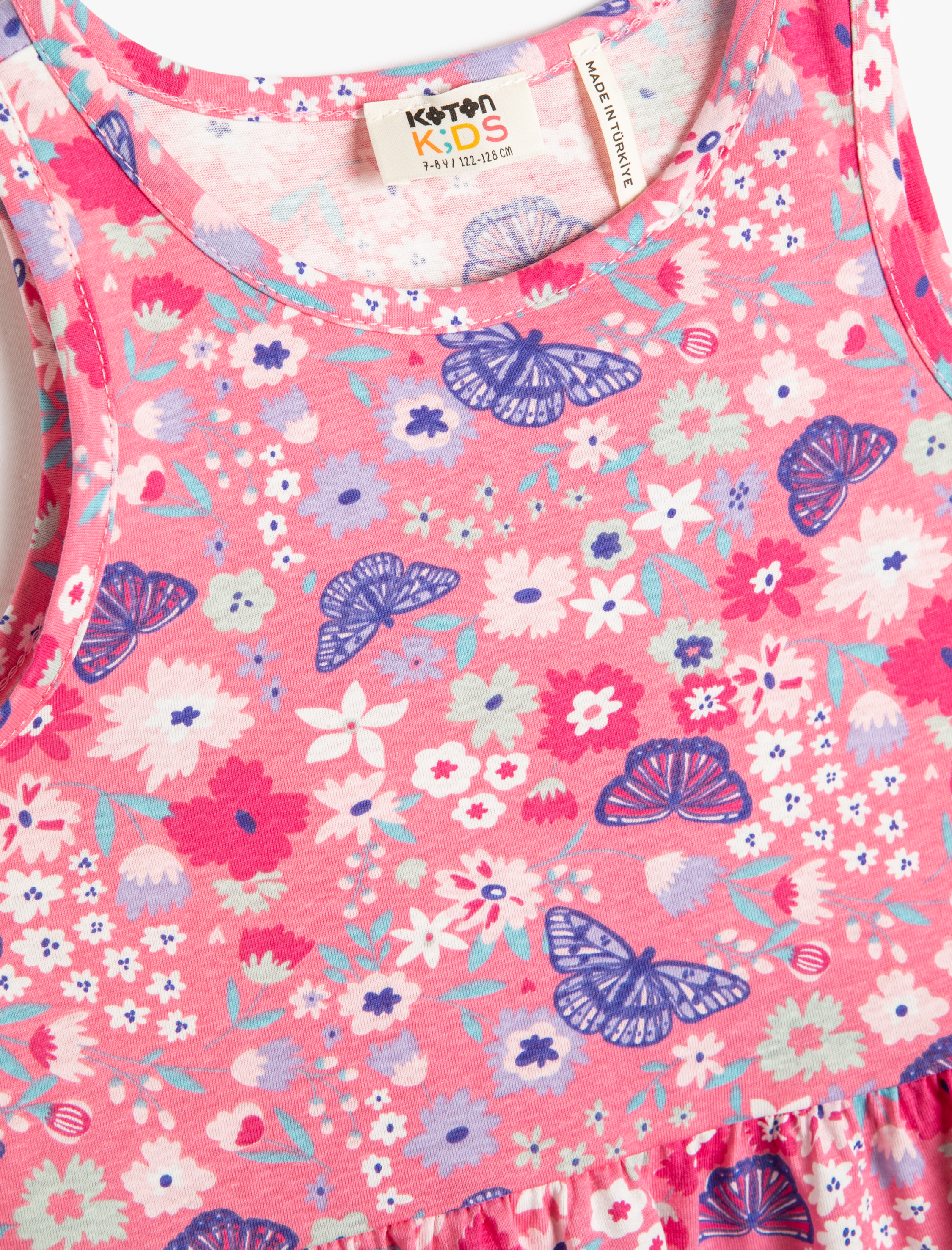  Kız Çocuk Penye Elbise Kolsuz Yuvarlak Yaka Kelebek Baskılı Pamuklu