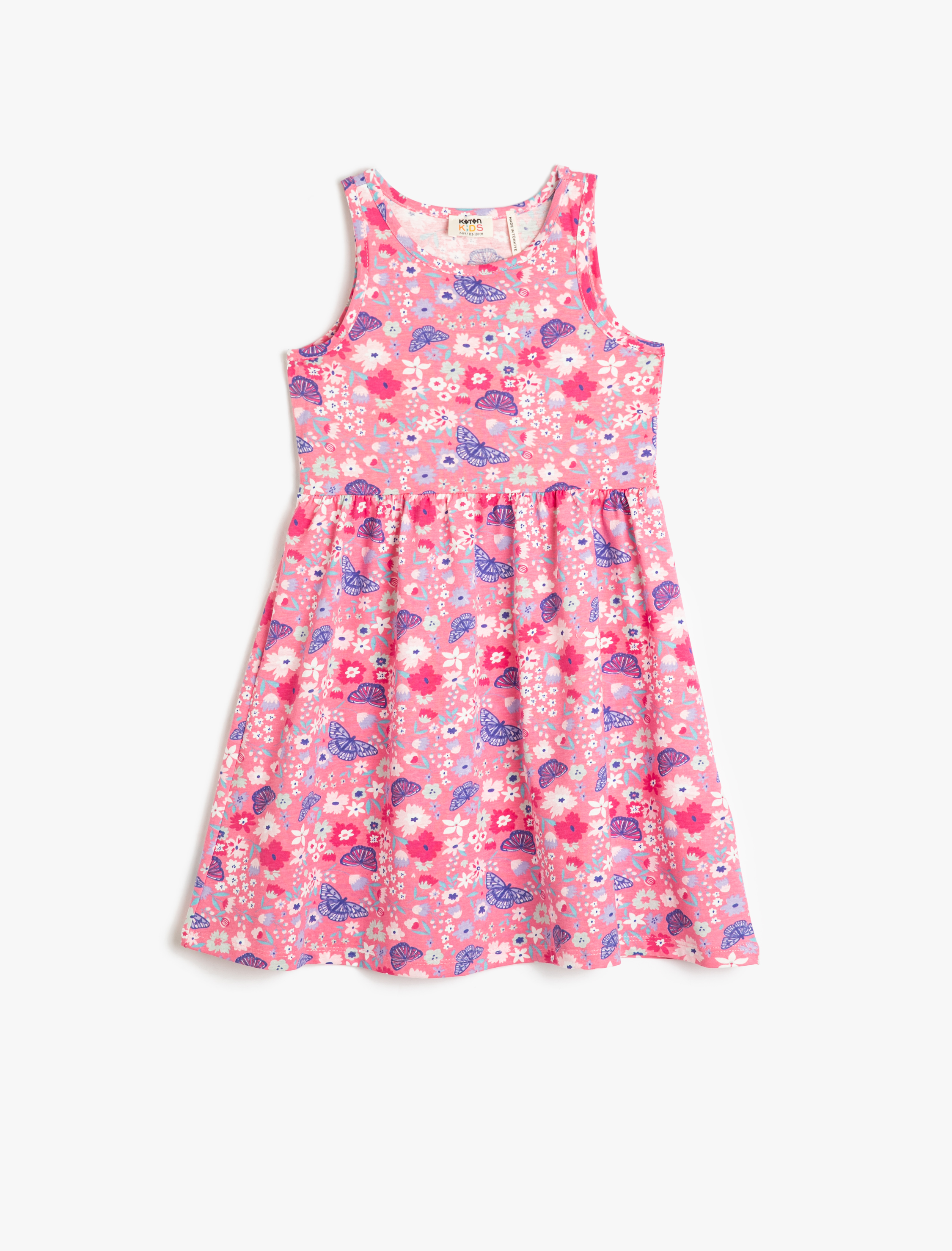  Kız Çocuk Penye Elbise Kolsuz Yuvarlak Yaka Kelebek Baskılı Pamuklu