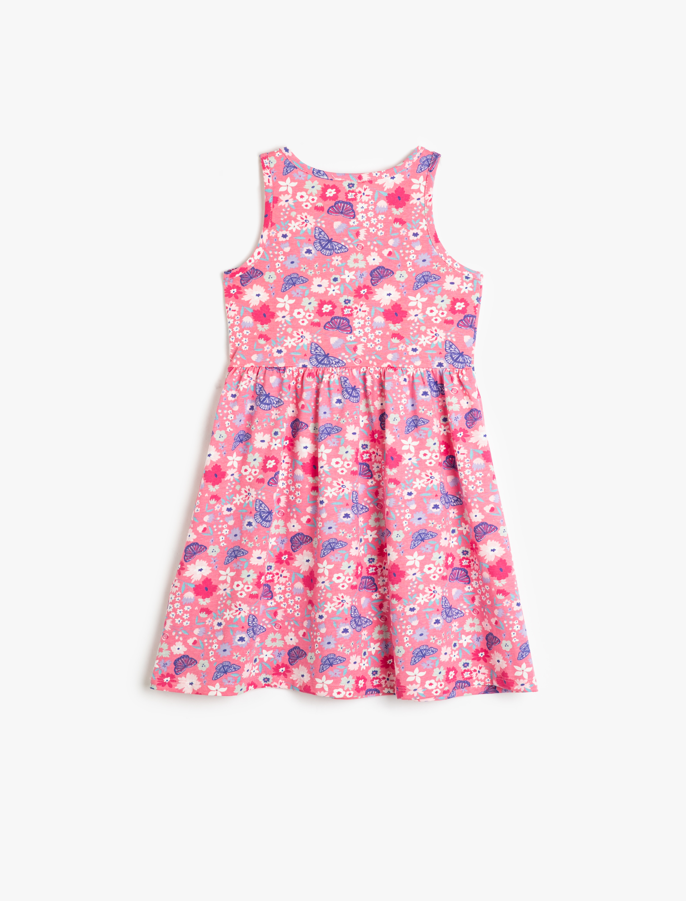  Kız Çocuk Penye Elbise Kolsuz Yuvarlak Yaka Kelebek Baskılı Pamuklu