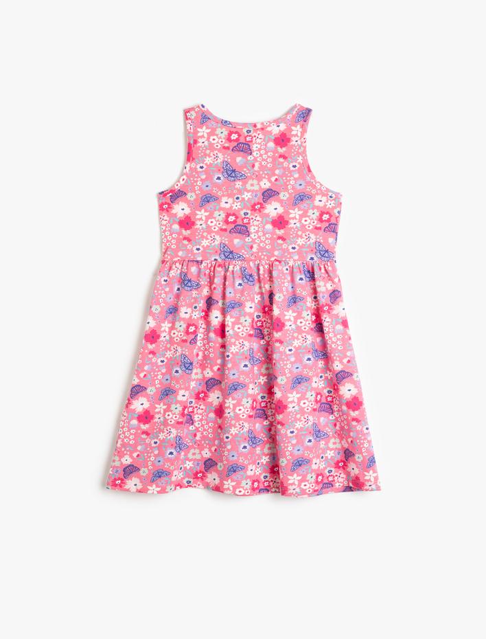 Kız Çocuk Penye Elbise Kolsuz Yuvarlak Yaka Kelebek Baskılı Pamuklu