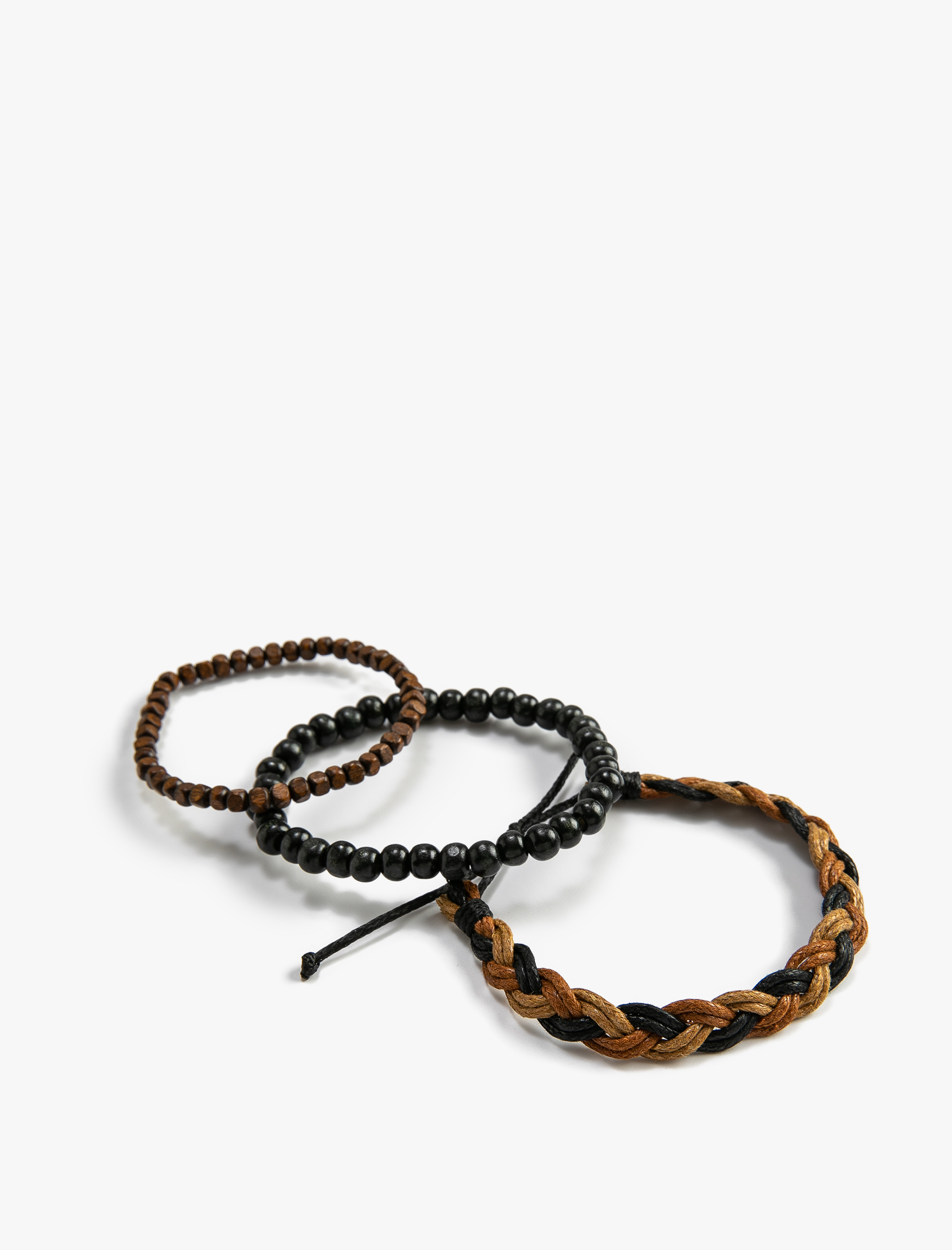 Erkek 3'lü Bileklik Seti Ahşap Boncuklu Örgü Motifli