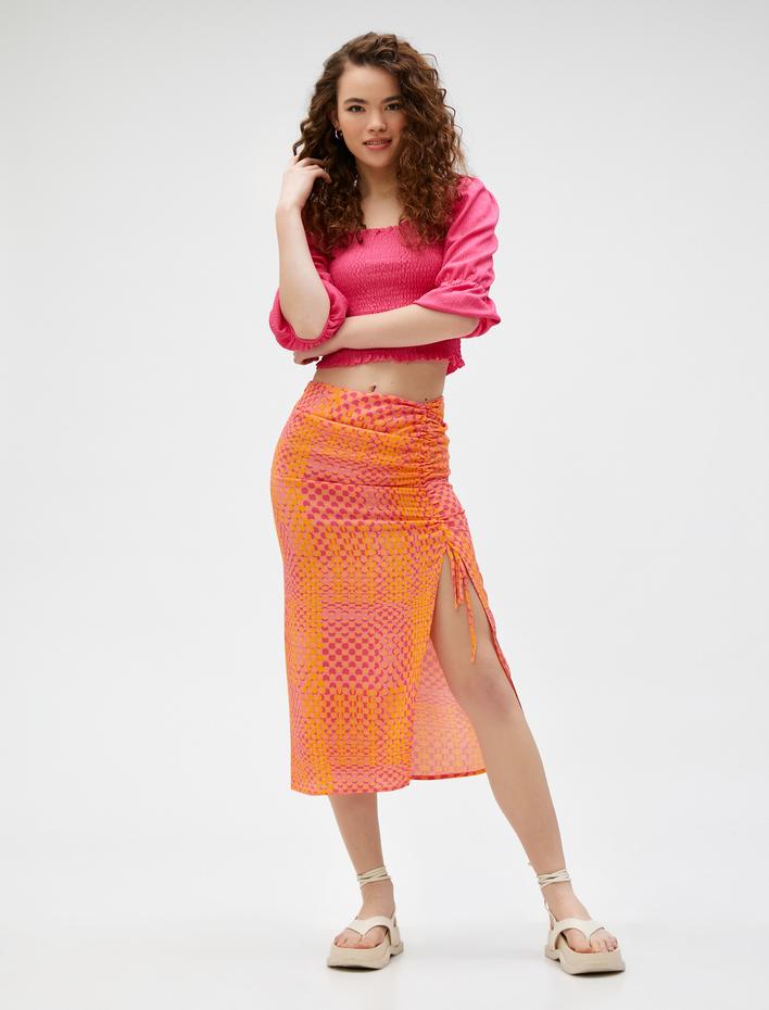  Crop Tişört Gipeli Balon Kollu Kare Yaka Bürümcük