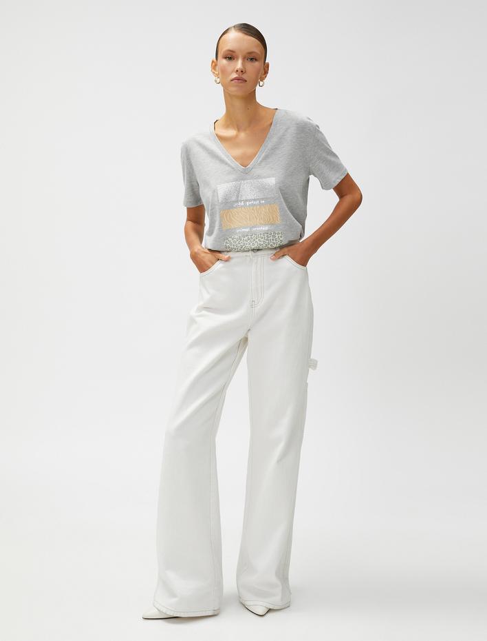  Tişört V Yaka Parlak Baskılı Pamuklu