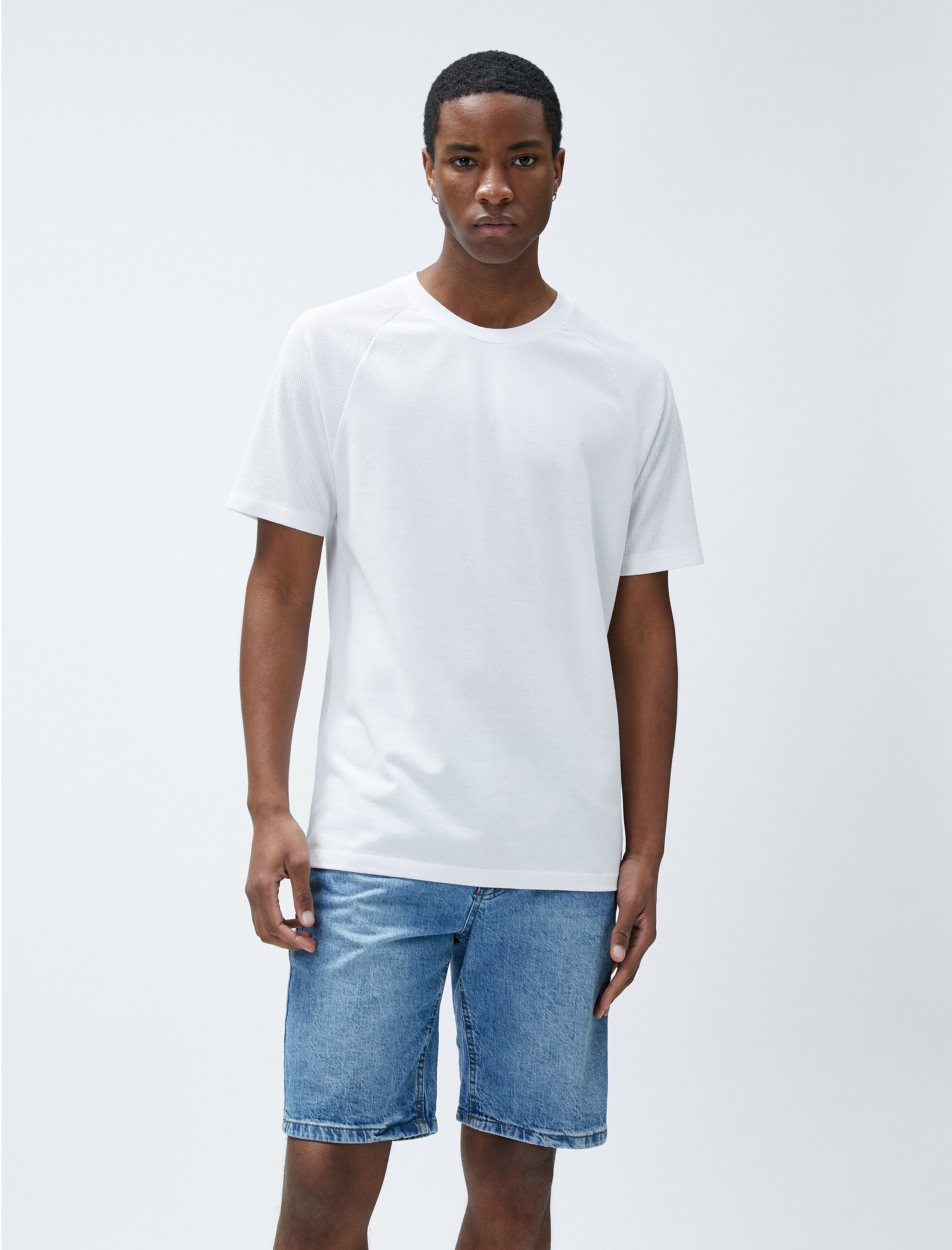   Basic Tişört Bisiklet Yaka Dokulu Reglan Kol Dar Kesim