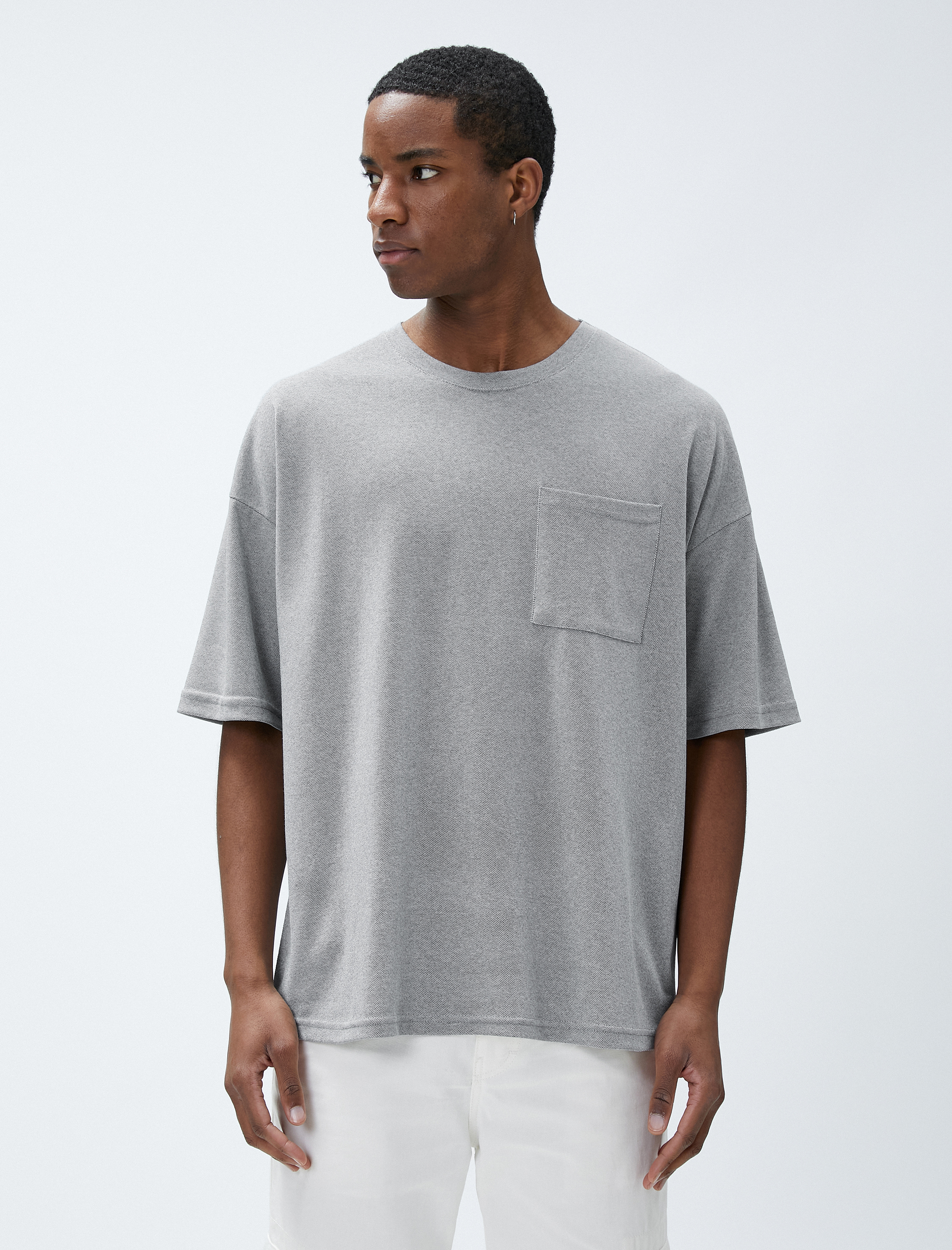   Basic Oversize Tişört Cep Detaylı Bisiklet Yaka Yarım Kollu